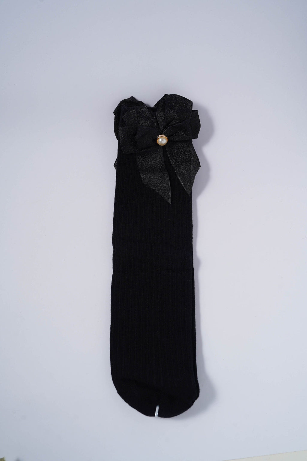 Black Ribbed Socks with Metallic Black Bow