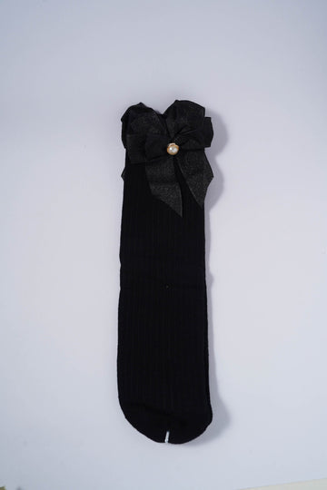 Black Ribbed Socks with Metallic Black Bow