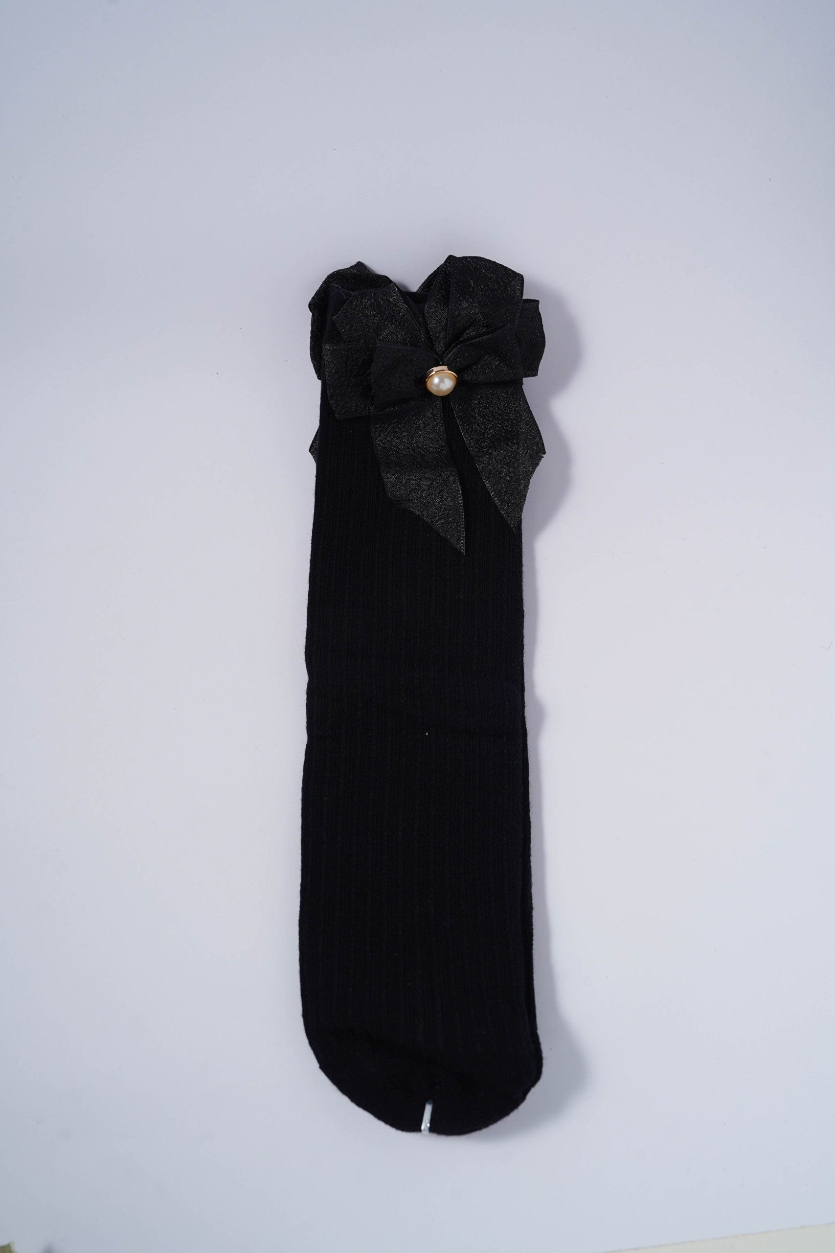 Black Ribbed Socks with Metallic Black Bow