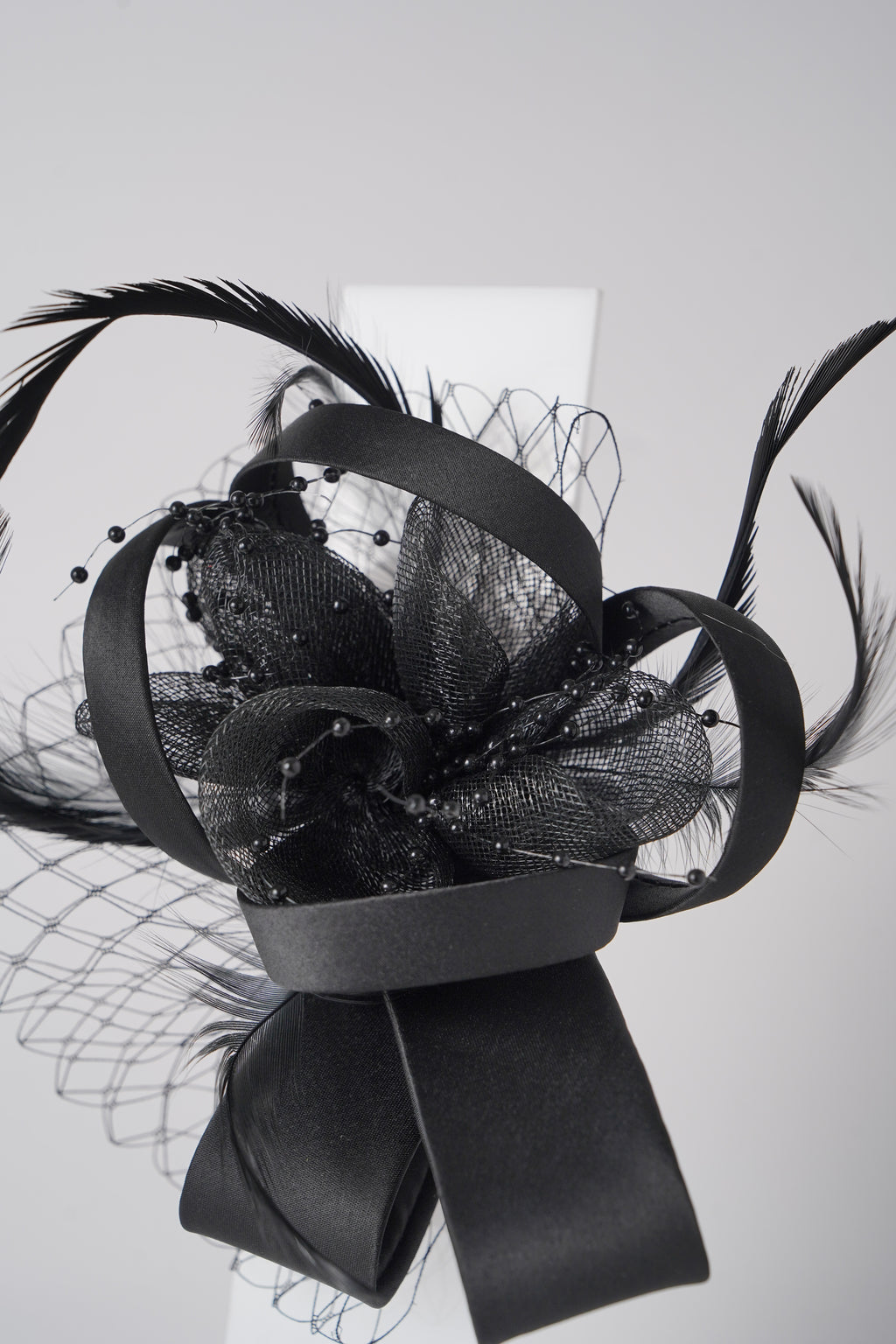 Mesh Fascinator with Satin Loops, Beads & Feathers Elegant Wedding & Party Headpiece