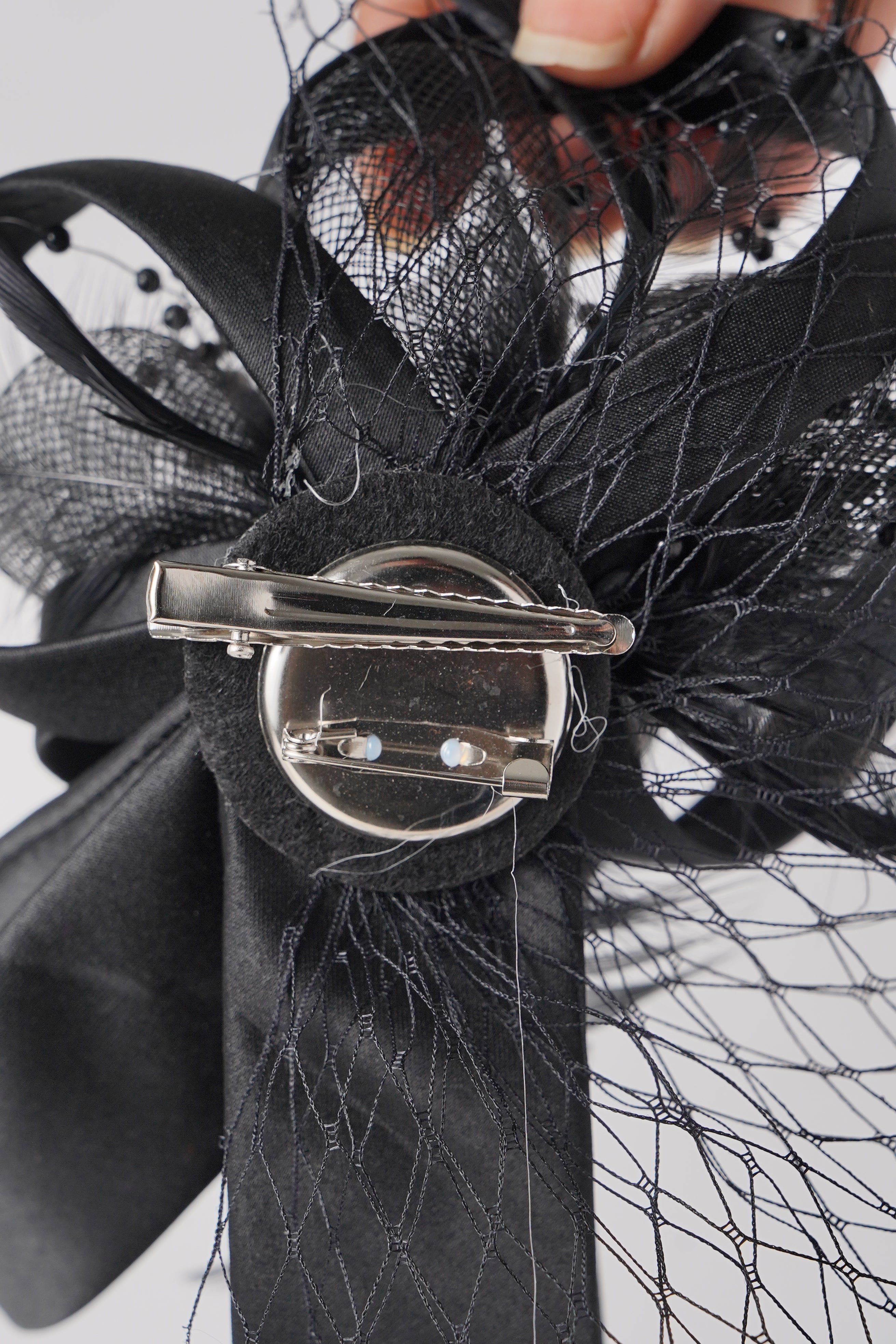 Mesh Fascinator with Satin Loops, Beads & Feathers Elegant Wedding & Party Headpiece