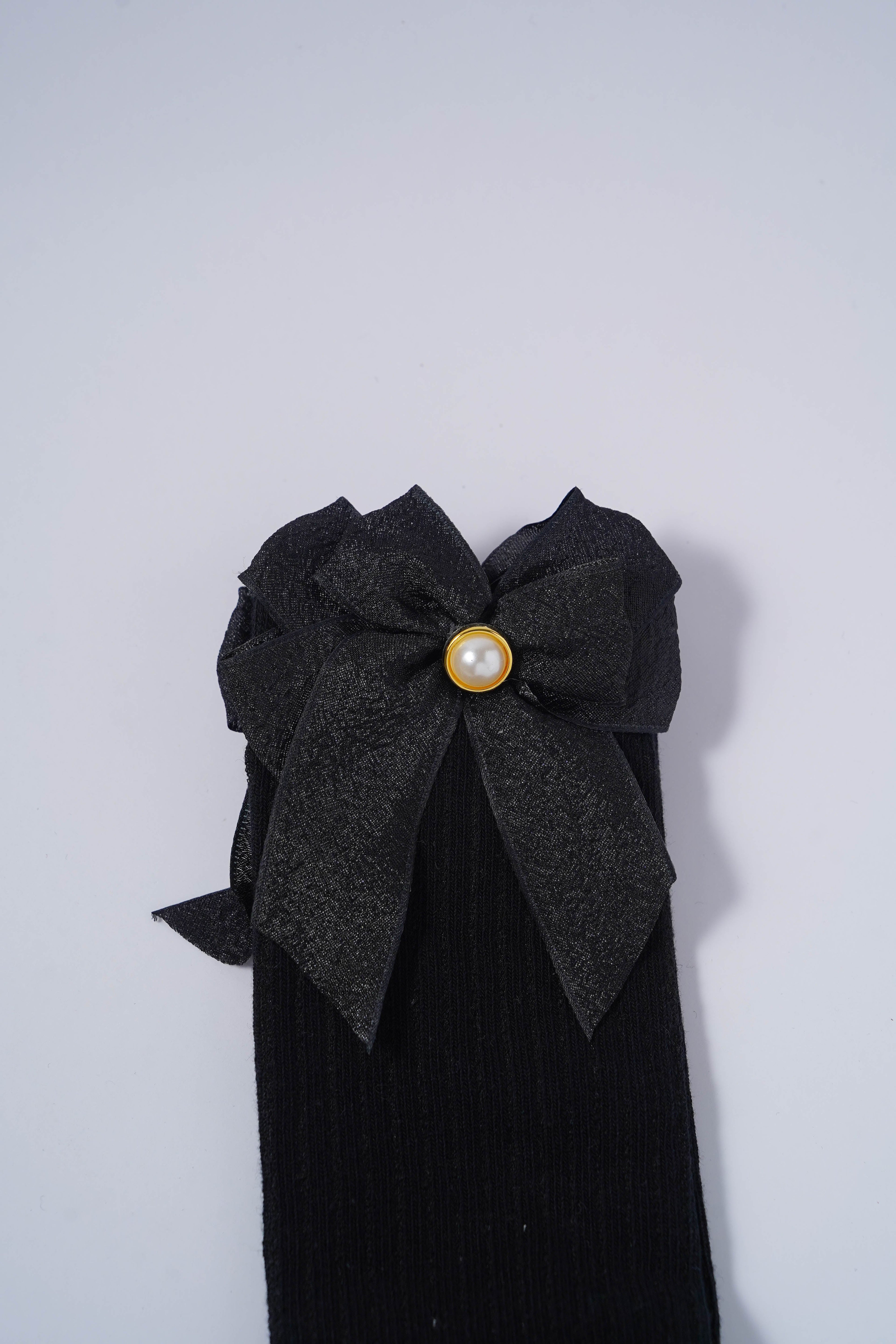 Black Ribbed Socks with Metallic Black Bow