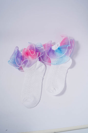 White Kids' Socks with Rainbow Candy Frill