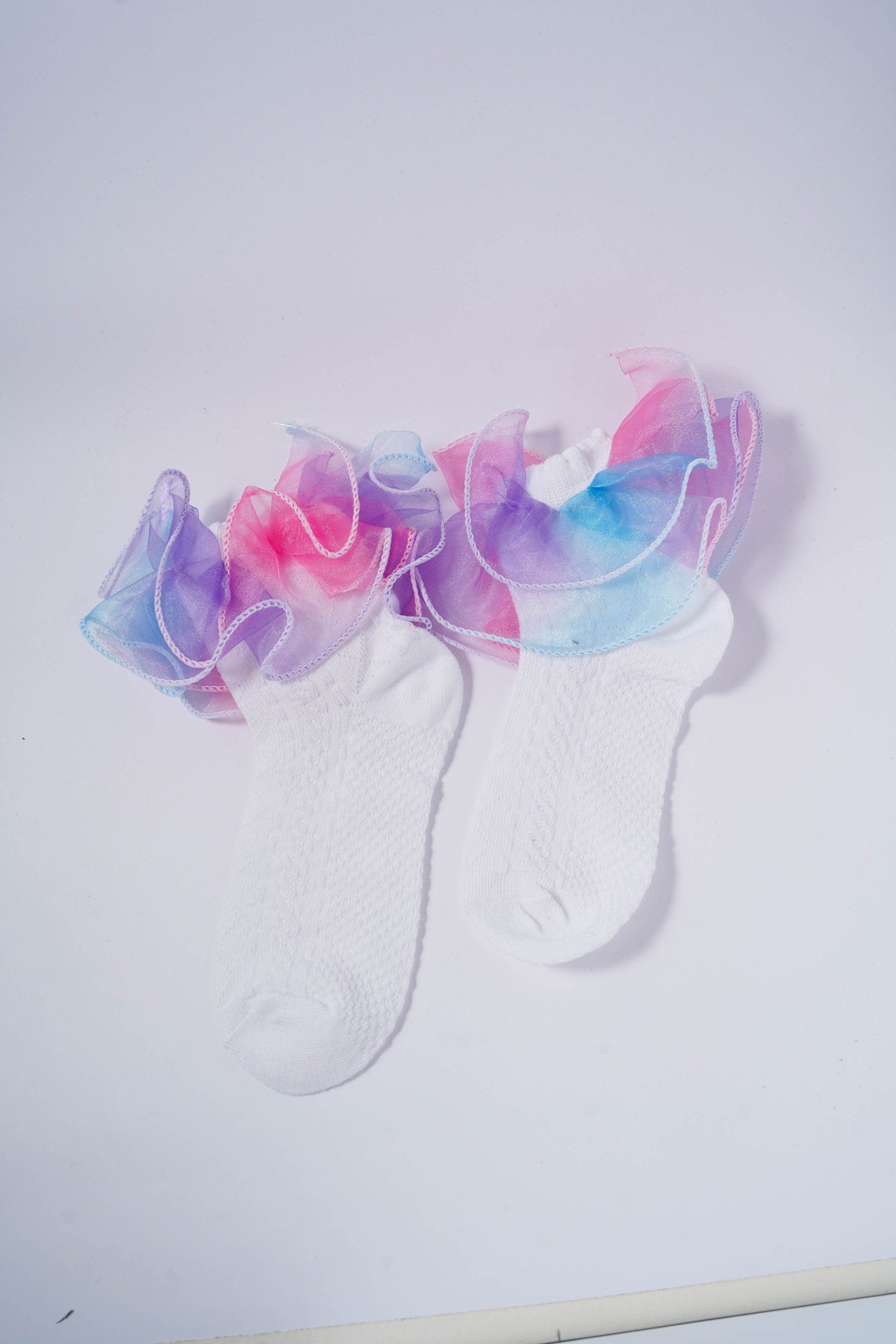 White Kids' Socks with Rainbow Candy Frill