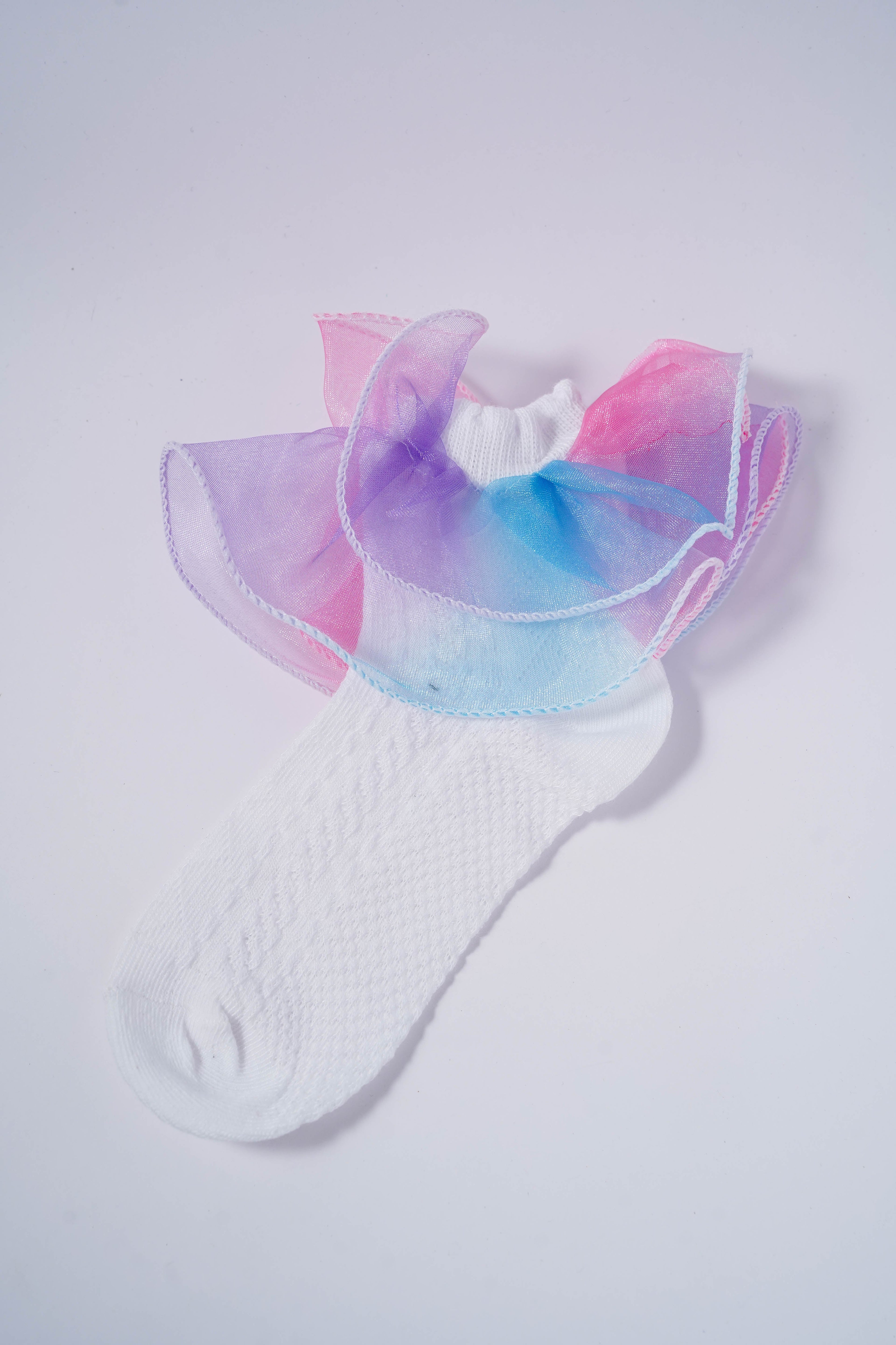 White Kids' Socks with Rainbow Candy Frill