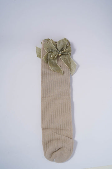 Beige Ribbed Socks with Metallic Green Bow