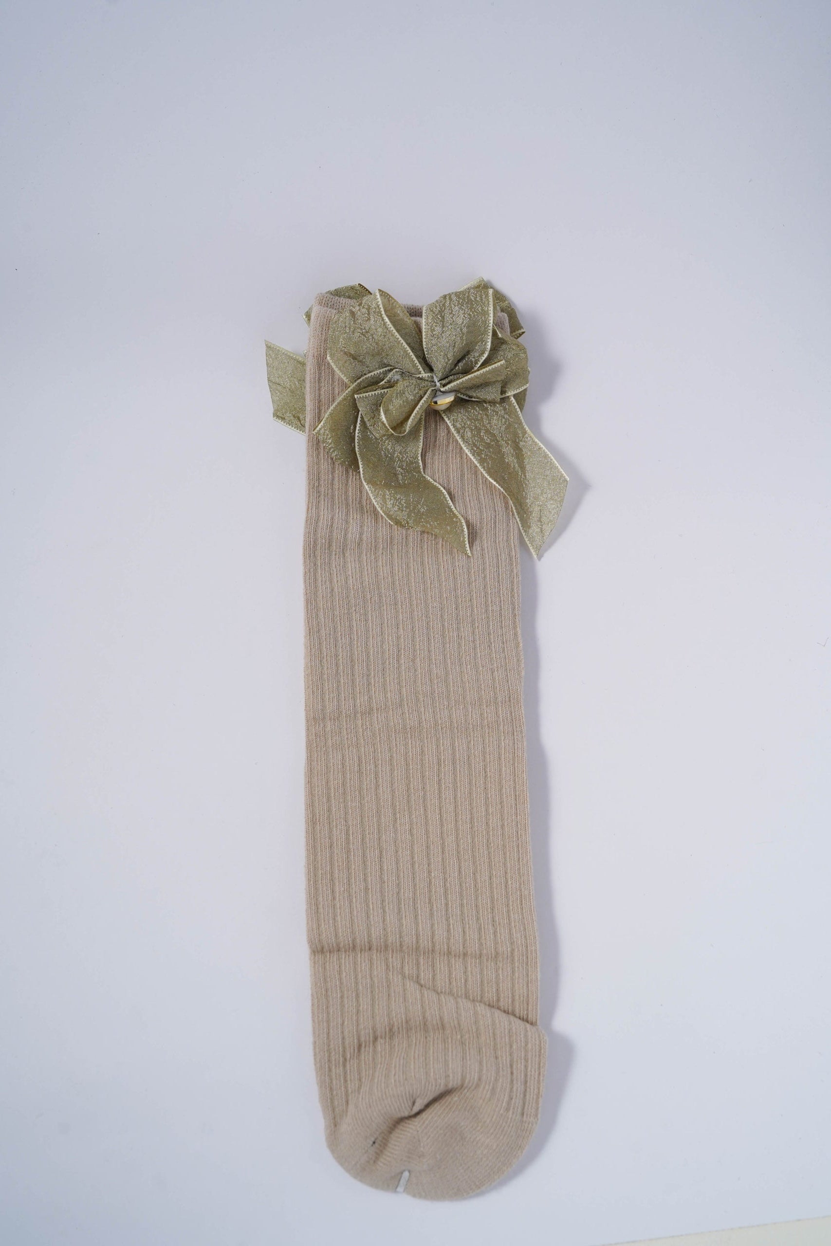Beige Ribbed Socks with Metallic Green Bow