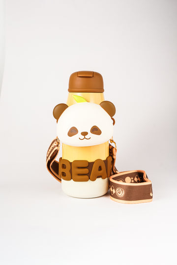 Brown Panda Bear Water Bottle with Strap