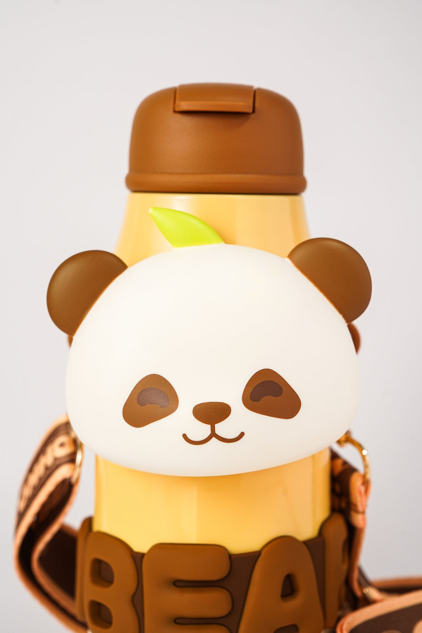 Brown Panda Bear Water Bottle with Strap