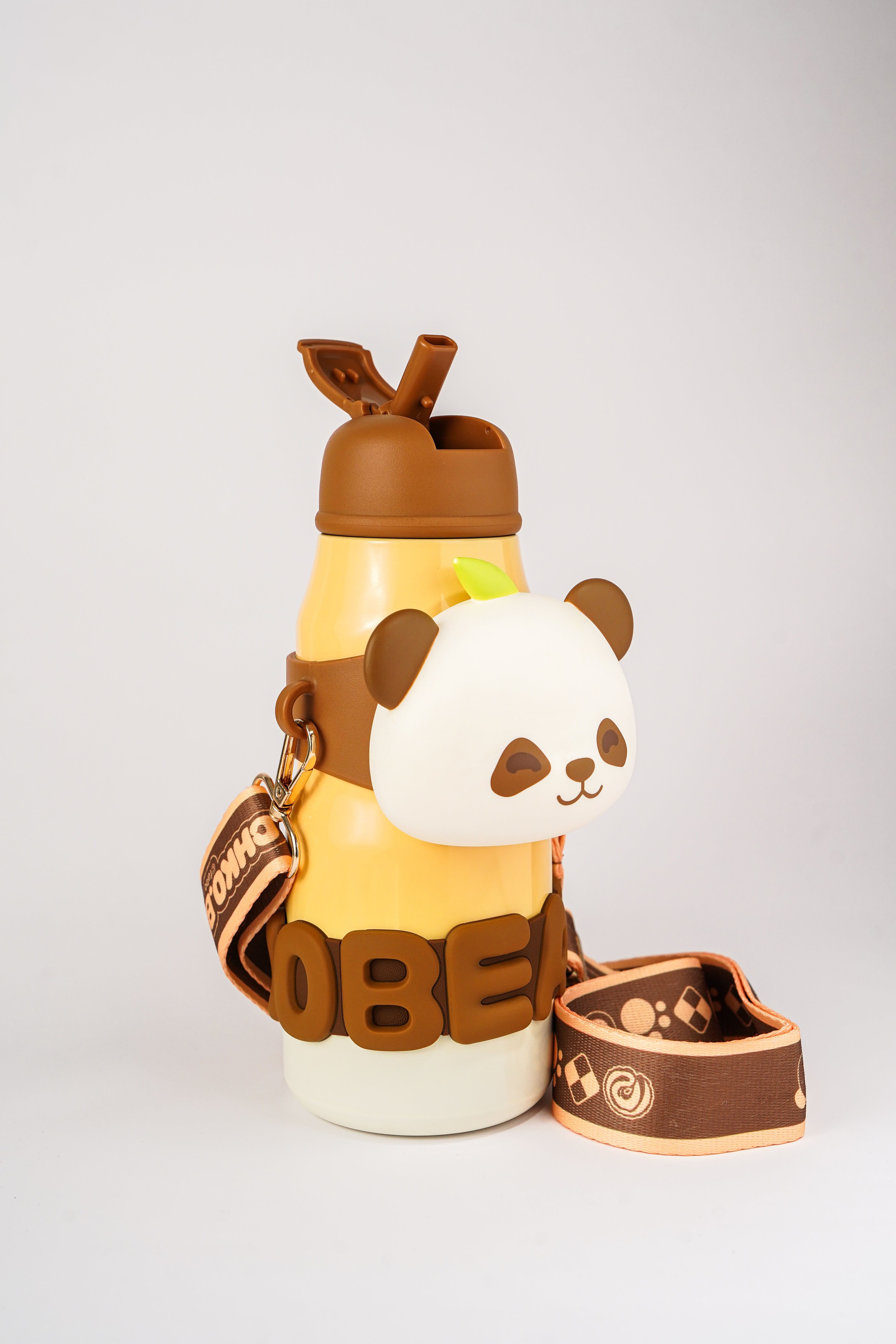 Brown Panda Bear Water Bottle with Strap
