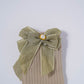 Beige Ribbed Socks with Metallic Green Bow