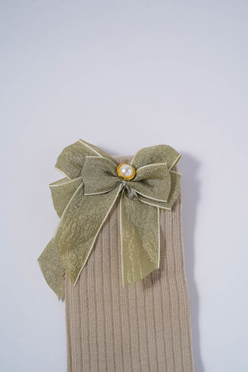 Beige Ribbed Socks with Metallic Green Bow