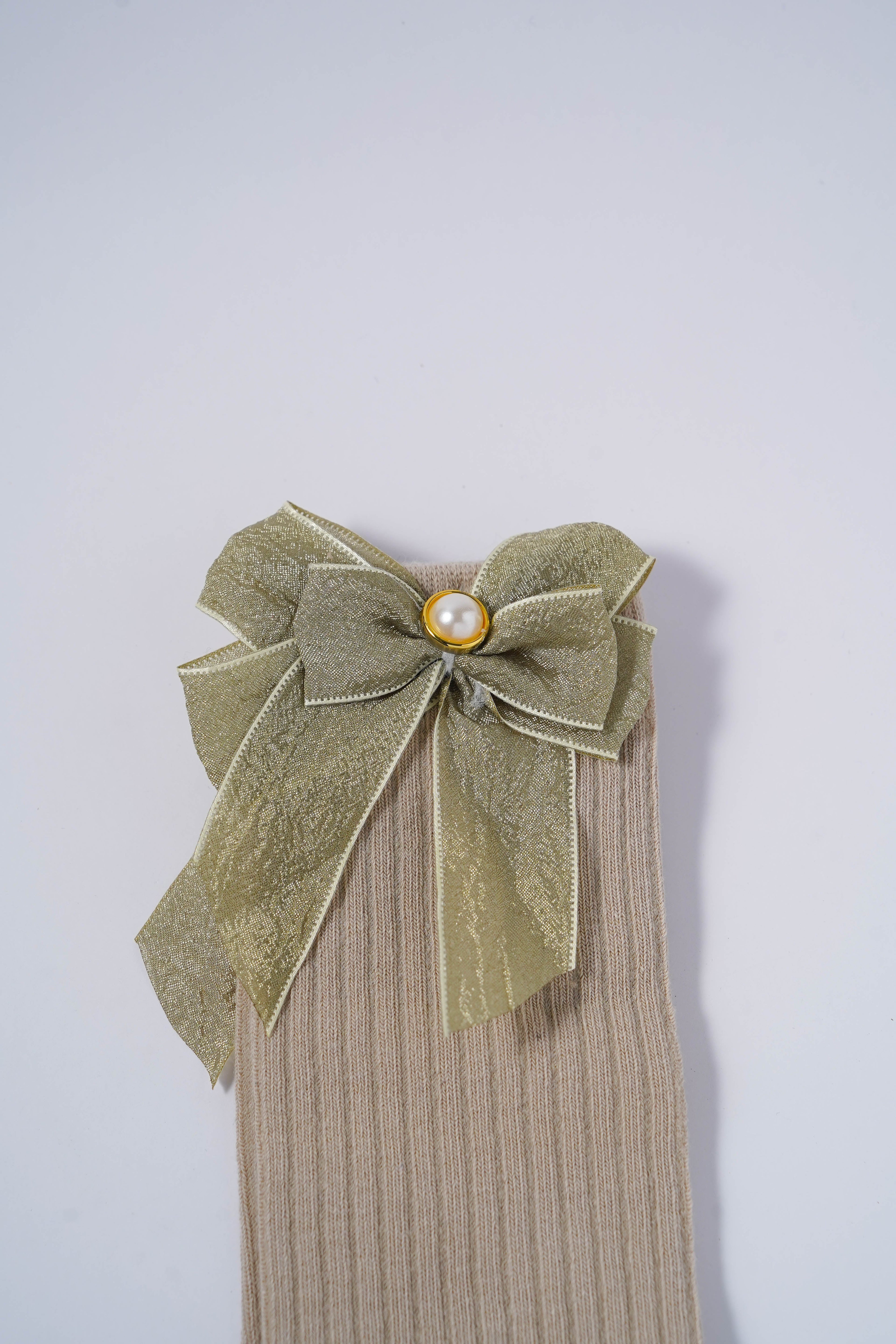 Beige Ribbed Socks with Metallic Green Bow