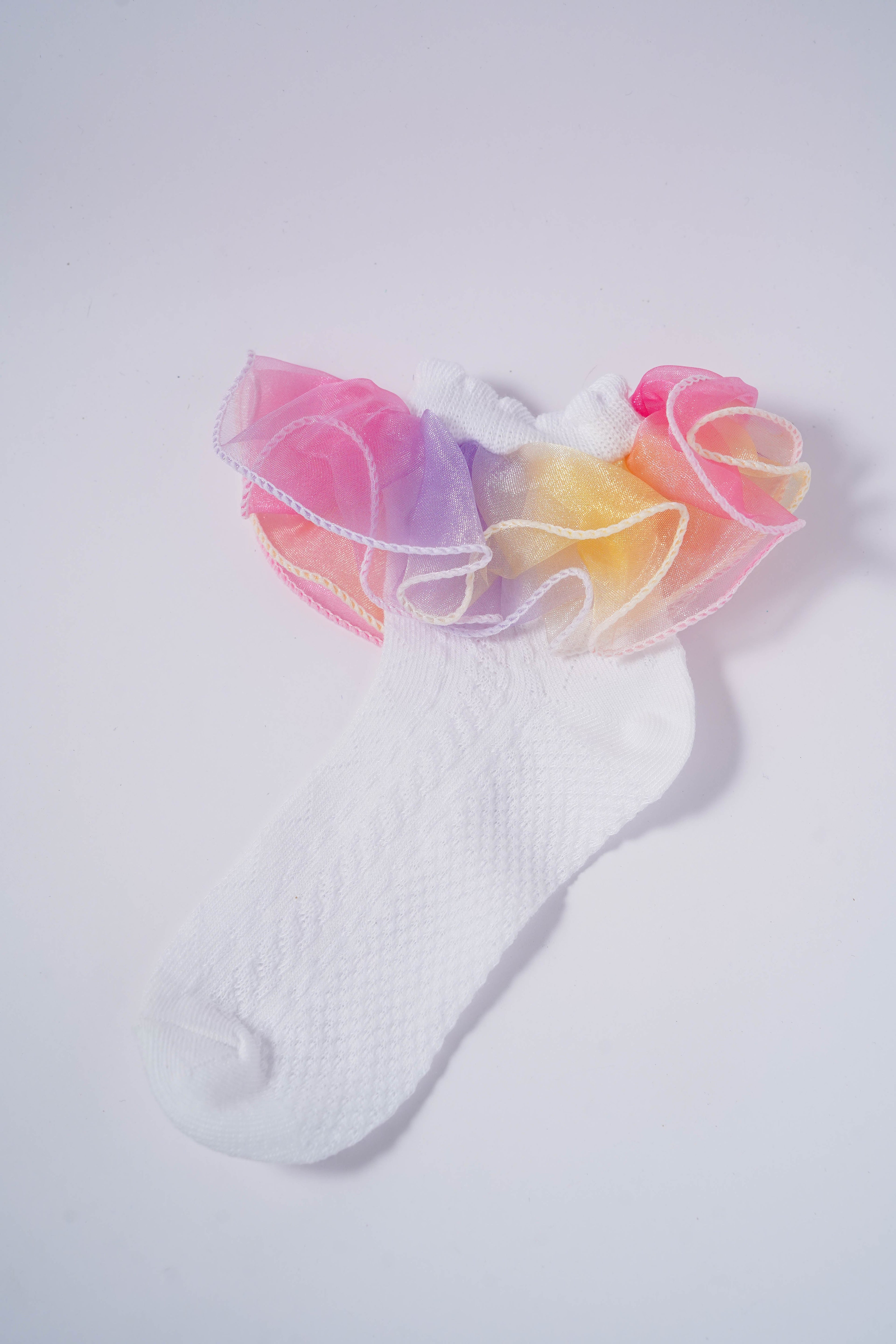 White Kids' Socks with Rainbow Candy Frill