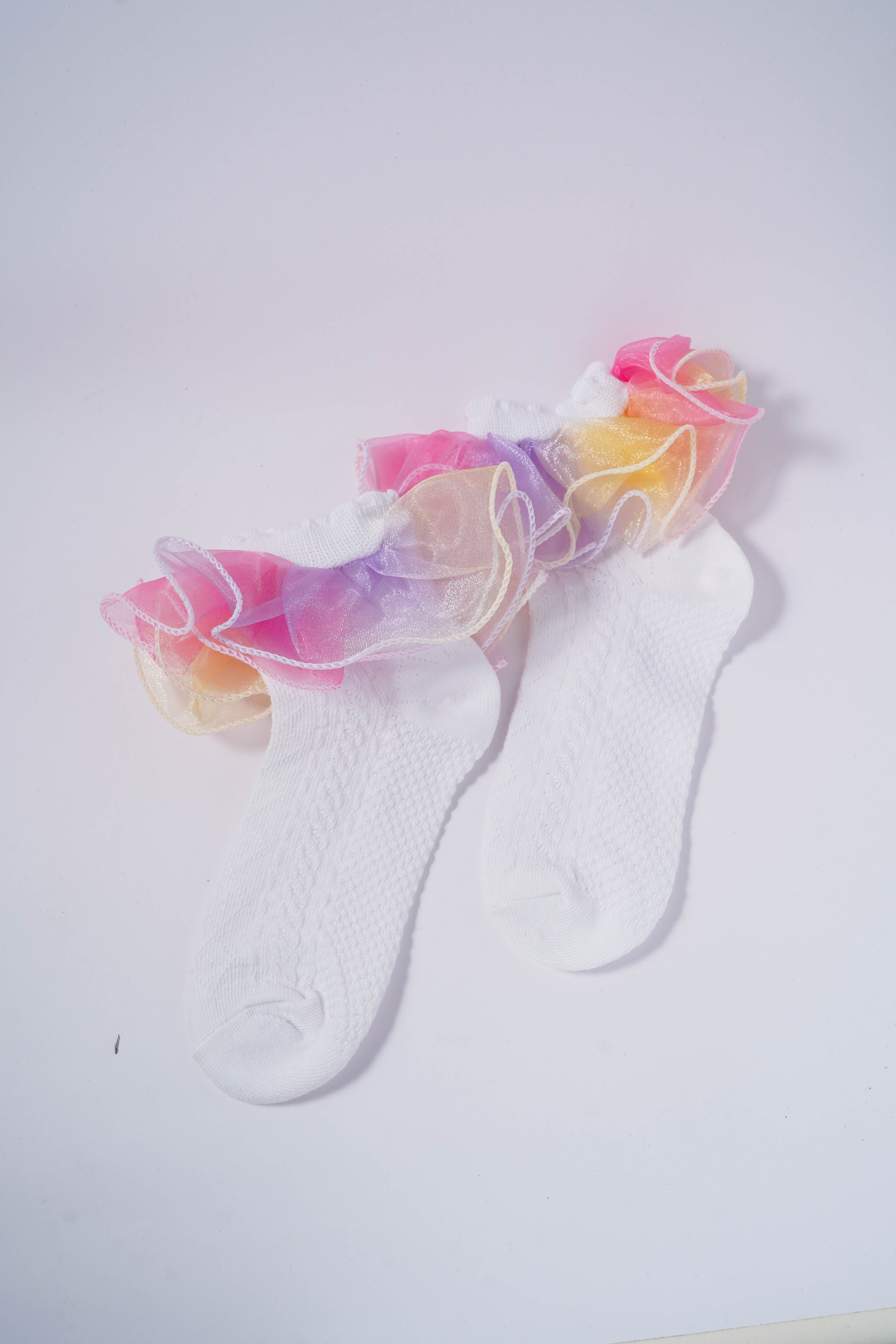 White Kids' Socks with Rainbow Candy Frill