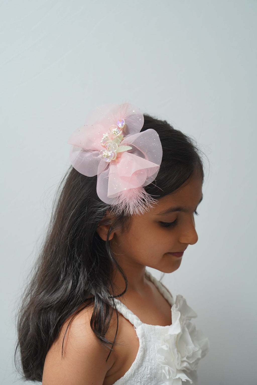 Sparkly Bow Hair Clip with Flowers & Feathers Fairy Party Hair Accessory for Girls