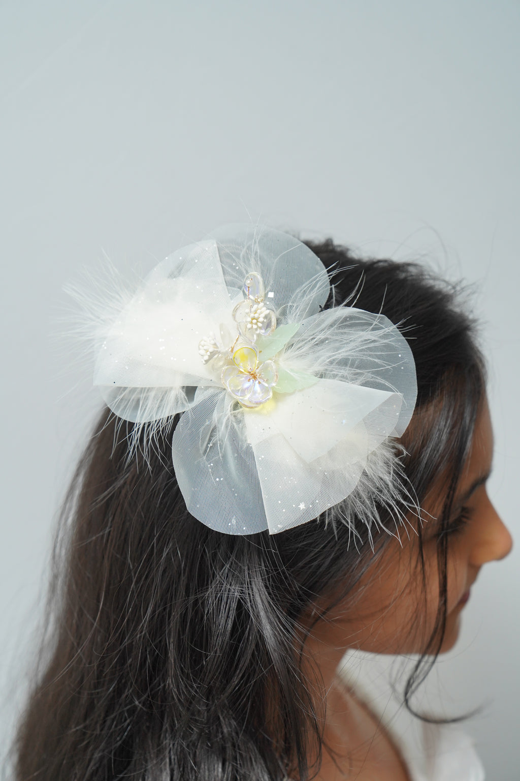 Sparkly Bow Hair Clip with Flowers & Feathers Fairy Party Hair Accessory for Girls