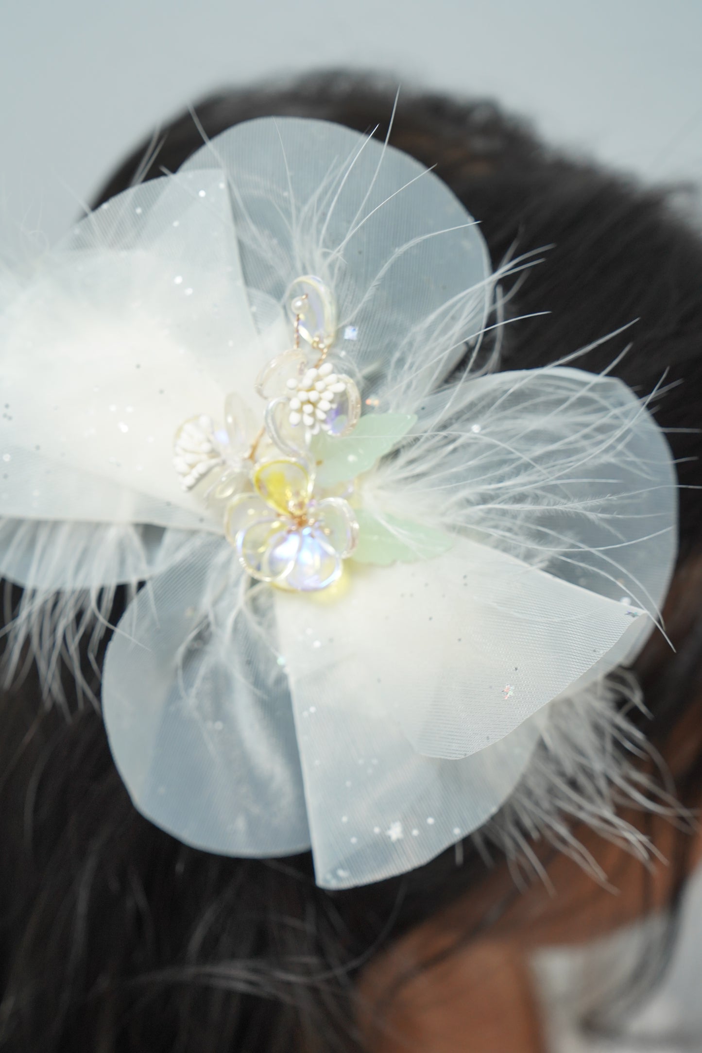 Sparkly Bow Hair Clip with Flowers & Feathers Fairy Party Hair Accessory for Girls