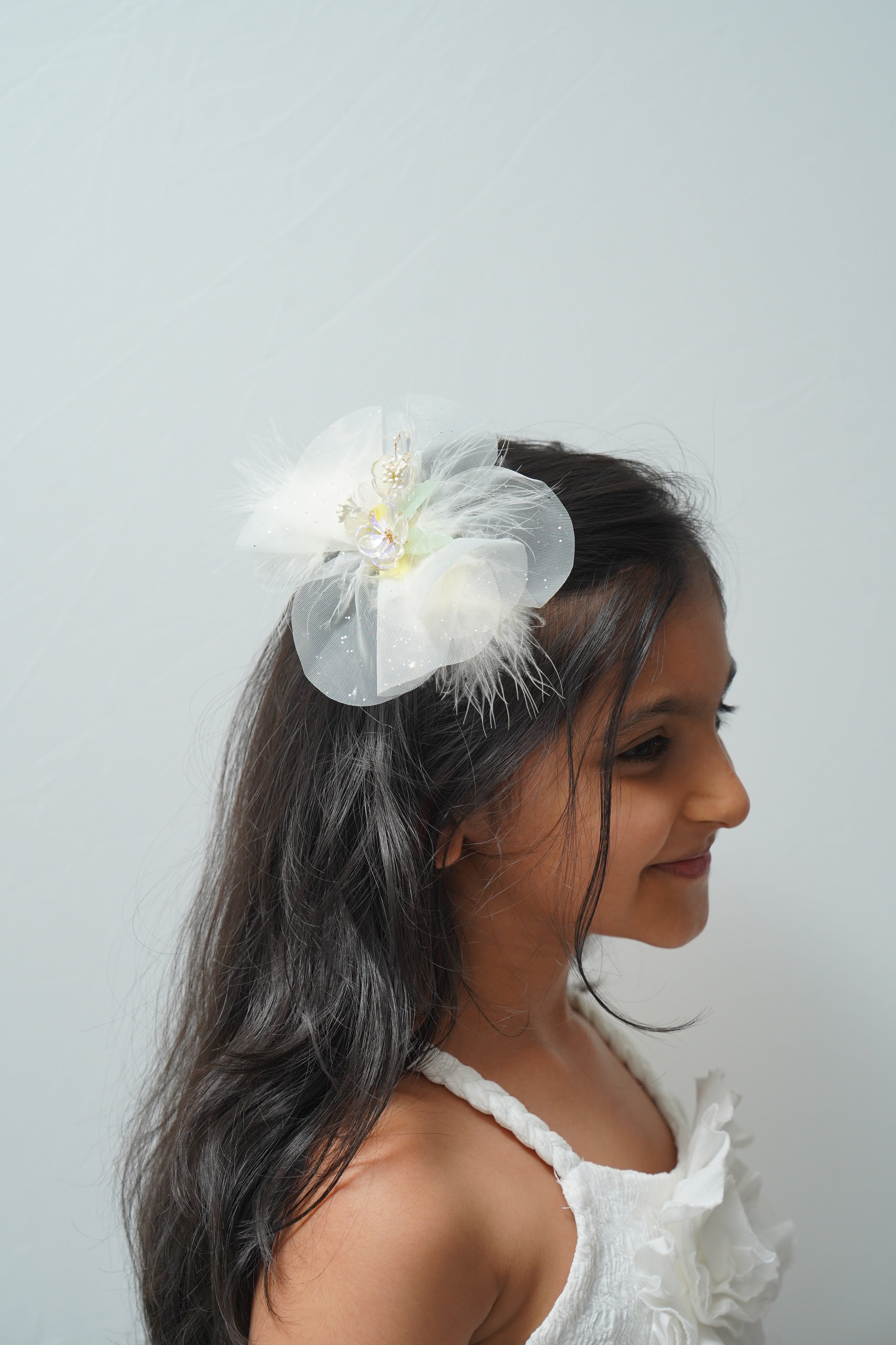 Sparkly Bow Hair Clip with Flowers & Feathers Fairy Party Hair Accessory for Girls