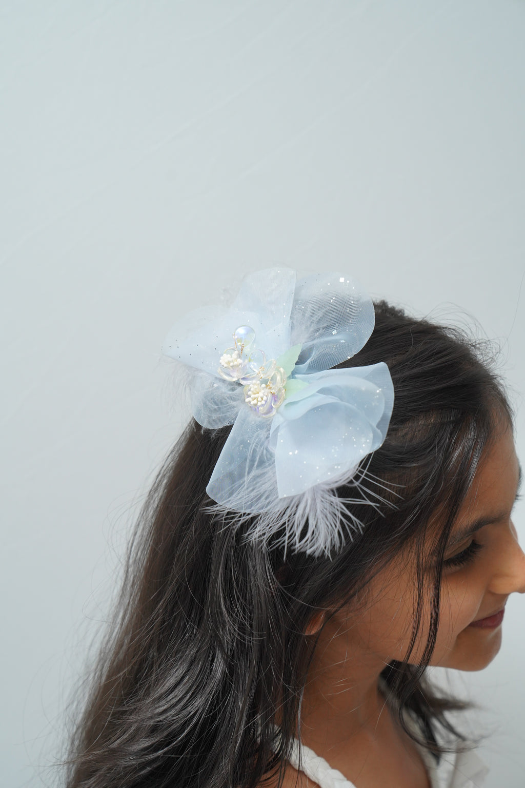 Sparkly Bow Hair Clip with Flowers & Feathers Fairy Party Hair Accessory for Girls