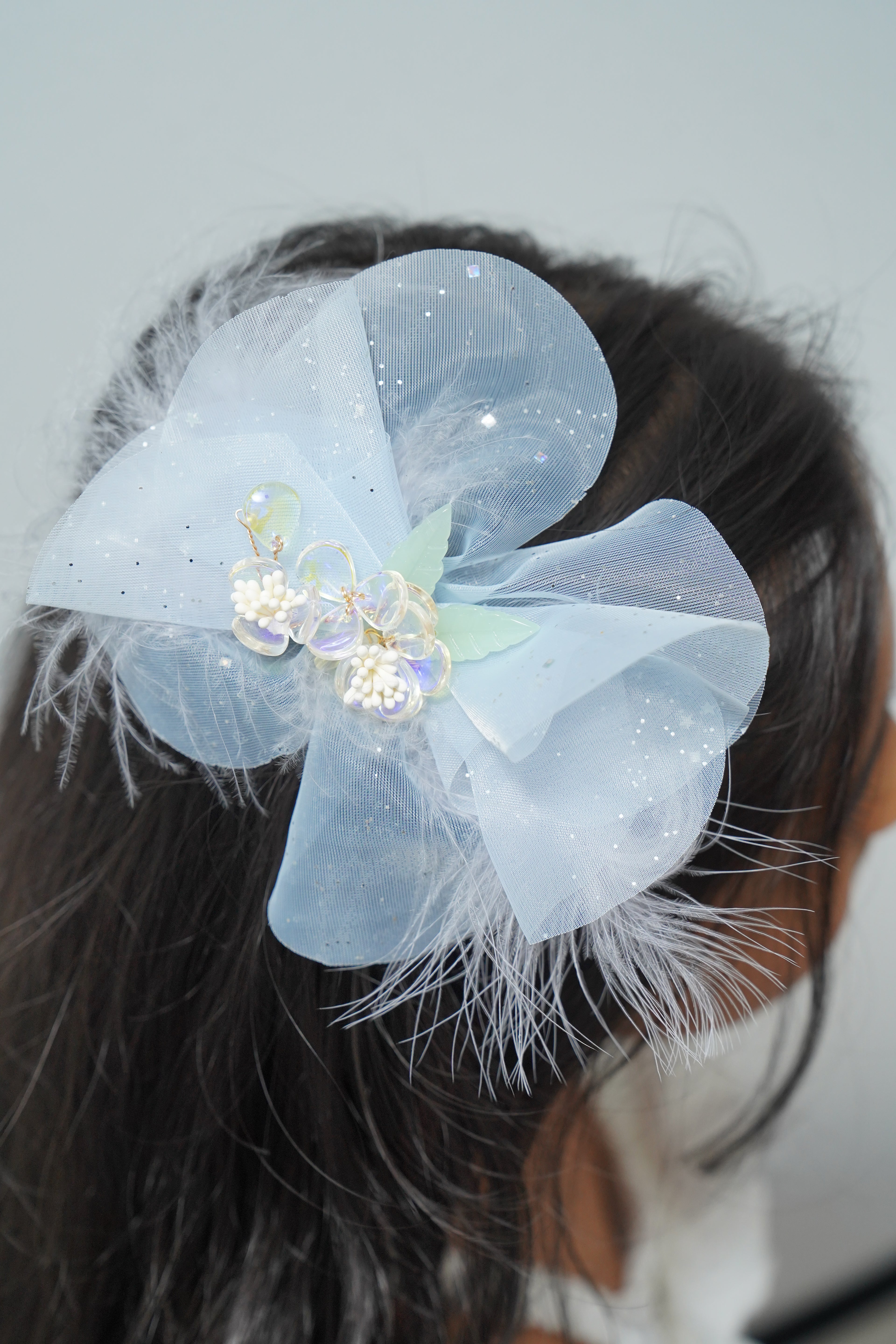 Sparkly Bow Hair Clip with Flowers & Feathers Fairy Party Hair Accessory for Girls