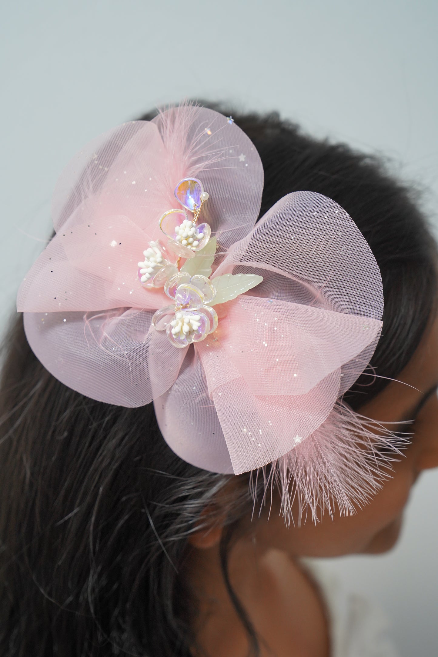 Sparkly Bow Hair Clip with Flowers & Feathers Fairy Party Hair Accessory for Girls