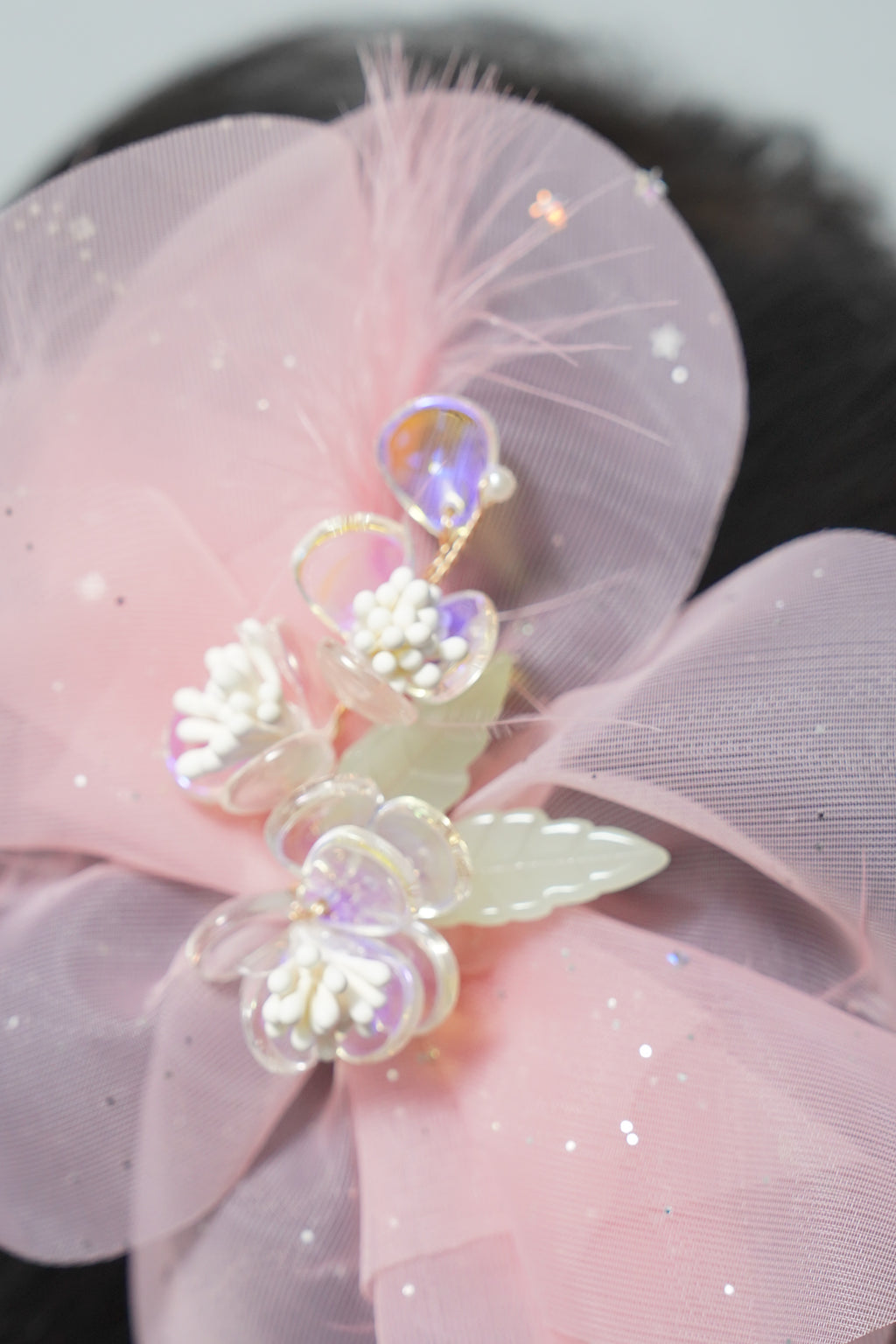 Sparkly Bow Hair Clip with Flowers & Feathers Fairy Party Hair Accessory for Girls