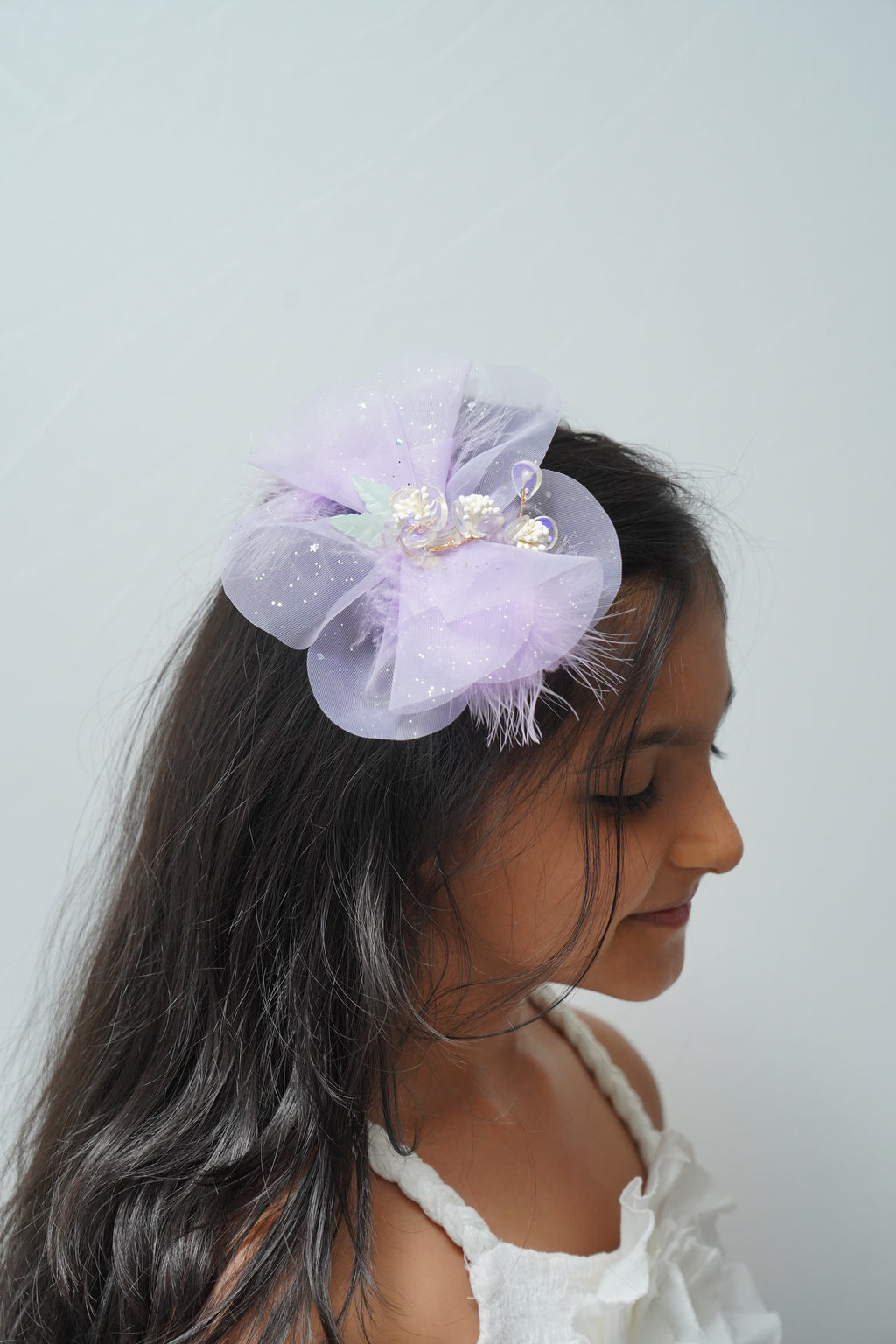 Sparkly Bow Hair Clip with Flowers & Feathers Fairy Party Hair Accessory for Girls