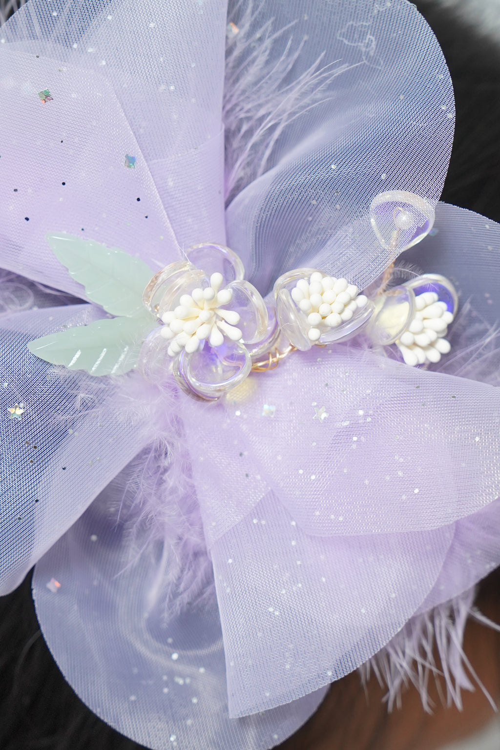 Sparkly Bow Hair Clip with Flowers & Feathers Fairy Party Hair Accessory for Girls