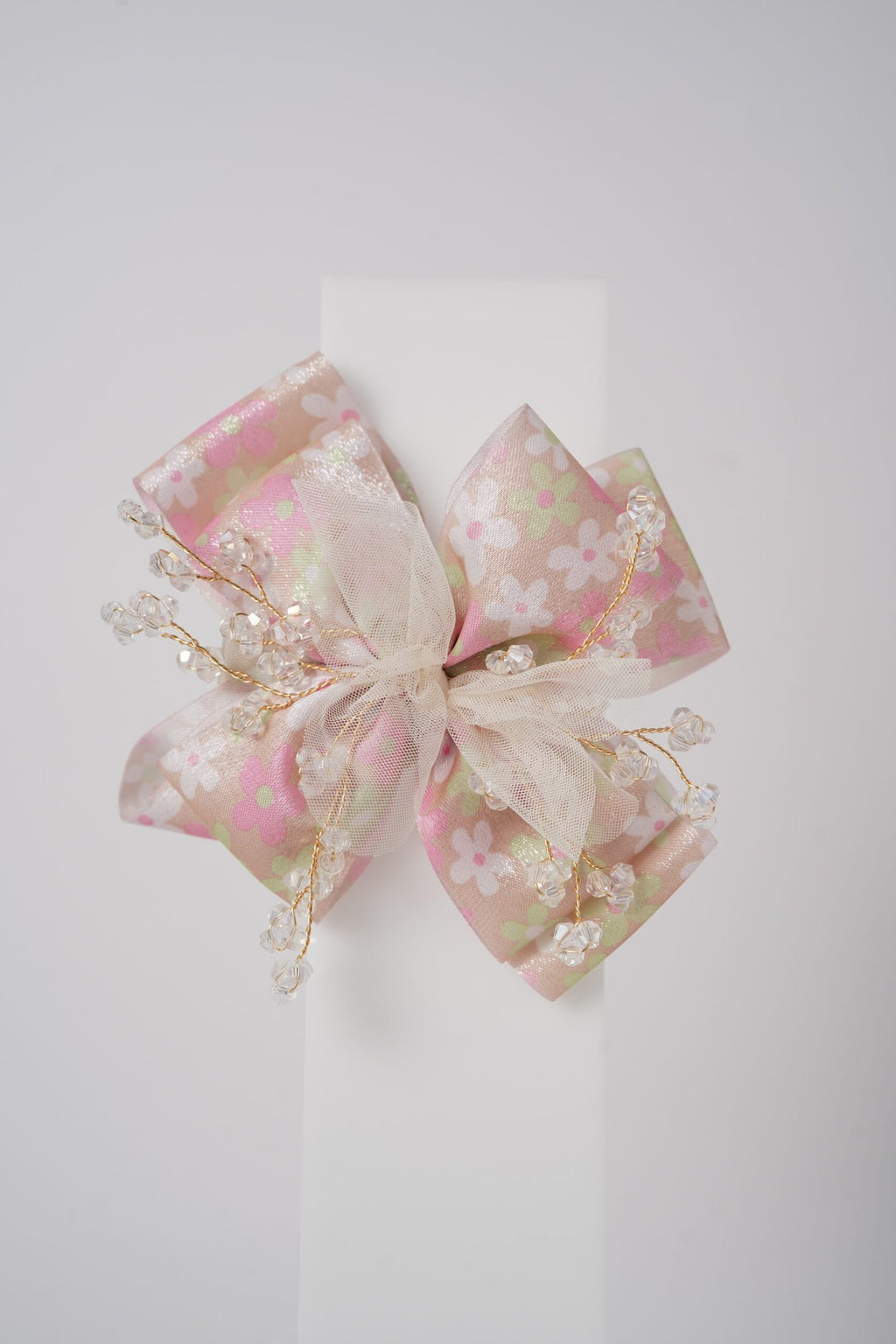 Floral Bow Hair Clip with Crystal Beads & Tulle Center Cute Party & Everyday Hair Accessory