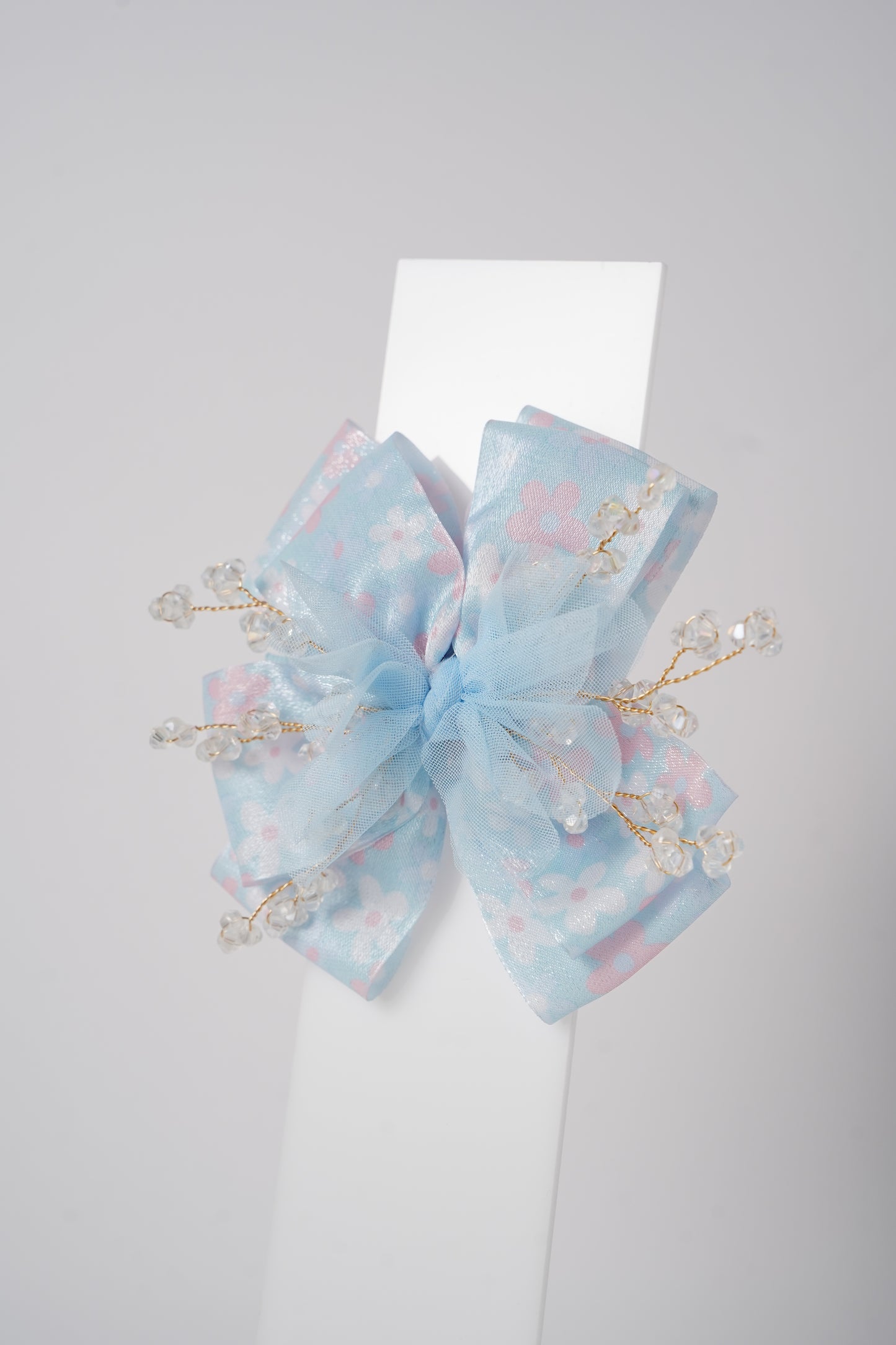 Floral Bow Hair Clip with Crystal Beads & Tulle Center Cute Party & Everyday Hair Accessory