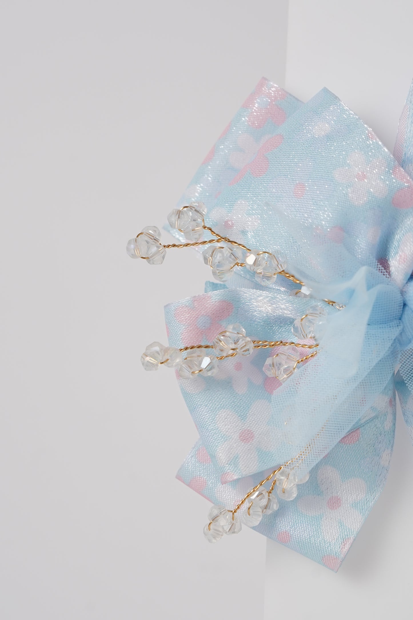 Floral Bow Hair Clip with Crystal Beads & Tulle Center Cute Party & Everyday Hair Accessory