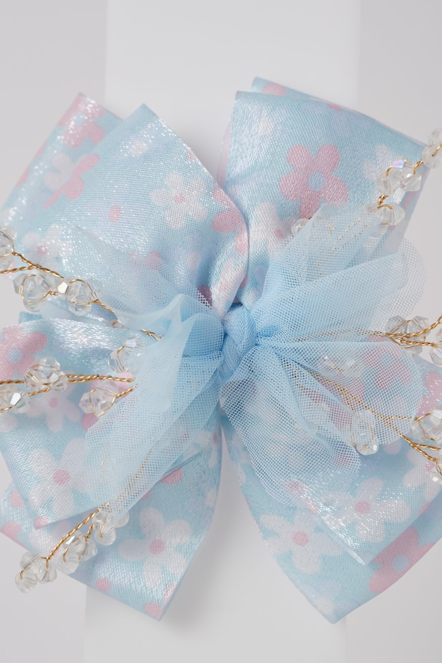 Floral Bow Hair Clip with Crystal Beads & Tulle Center Cute Party & Everyday Hair Accessory