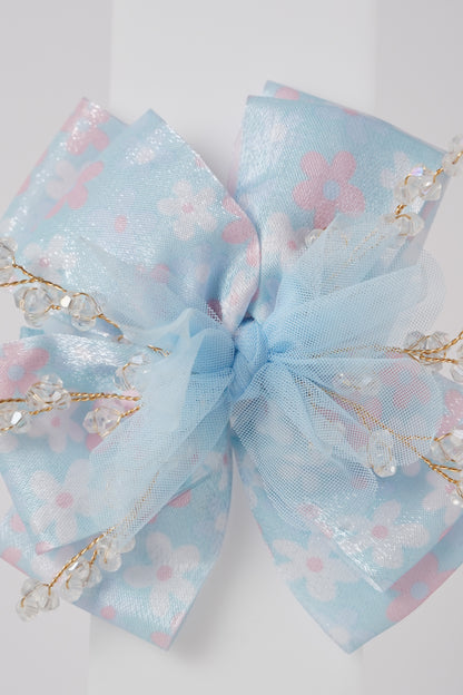 Floral Bow Hair Clip with Crystal Beads & Tulle Center Cute Party & Everyday Hair Accessory