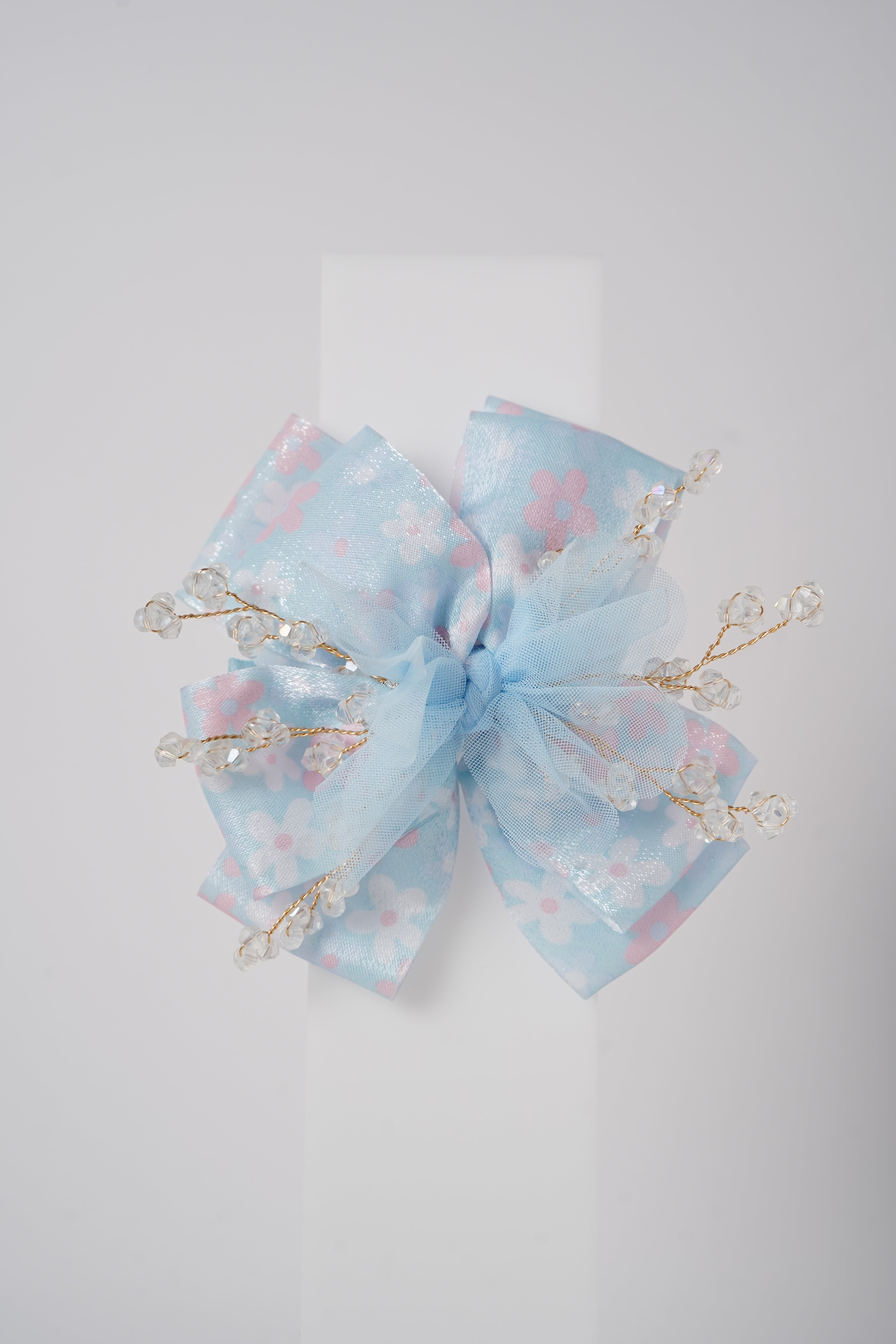 Floral Bow Hair Clip with Crystal Beads & Tulle Center Cute Party & Everyday Hair Accessory