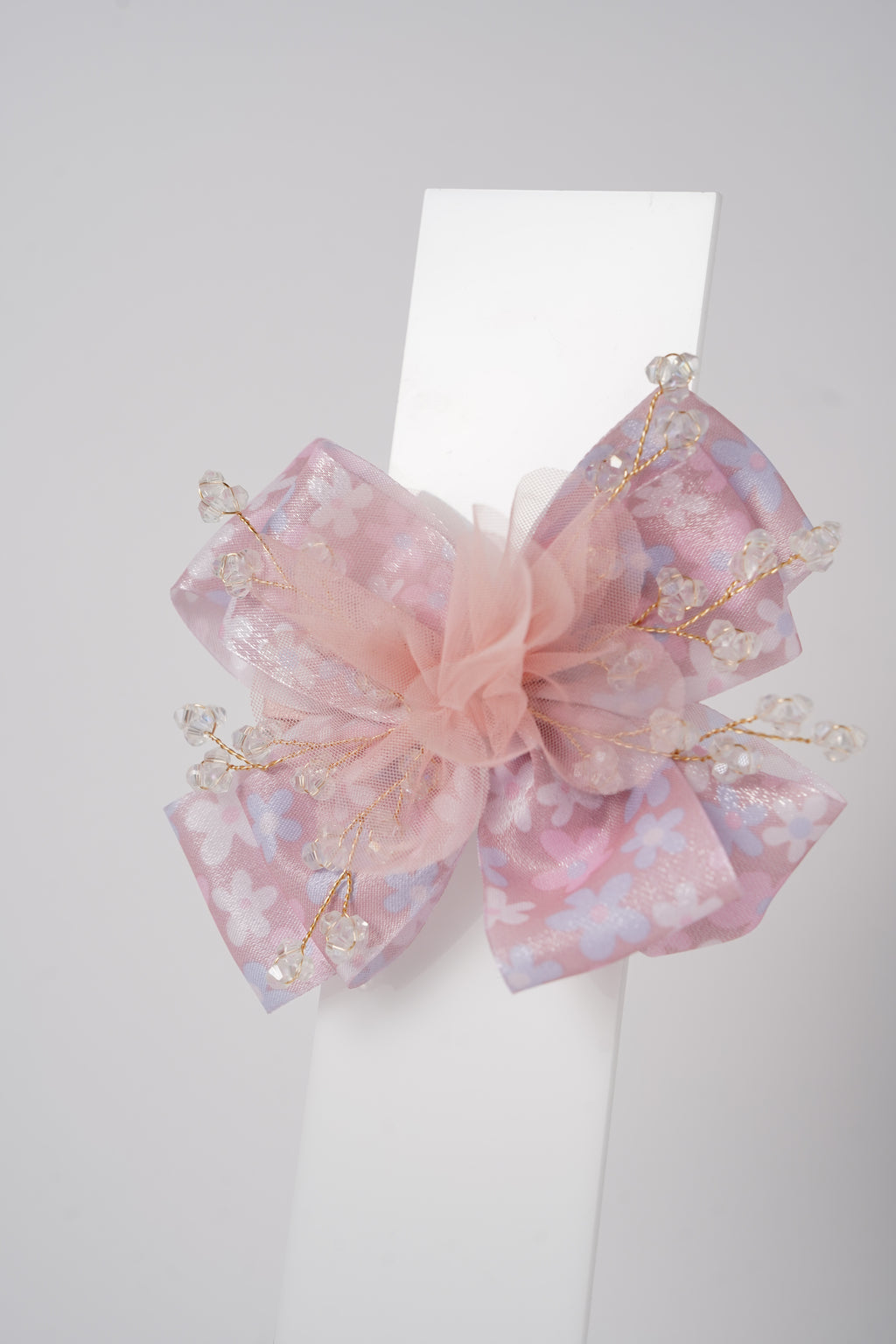 Floral Bow Hair Clip with Crystal Beads & Tulle Center Cute Party & Everyday Hair Accessory