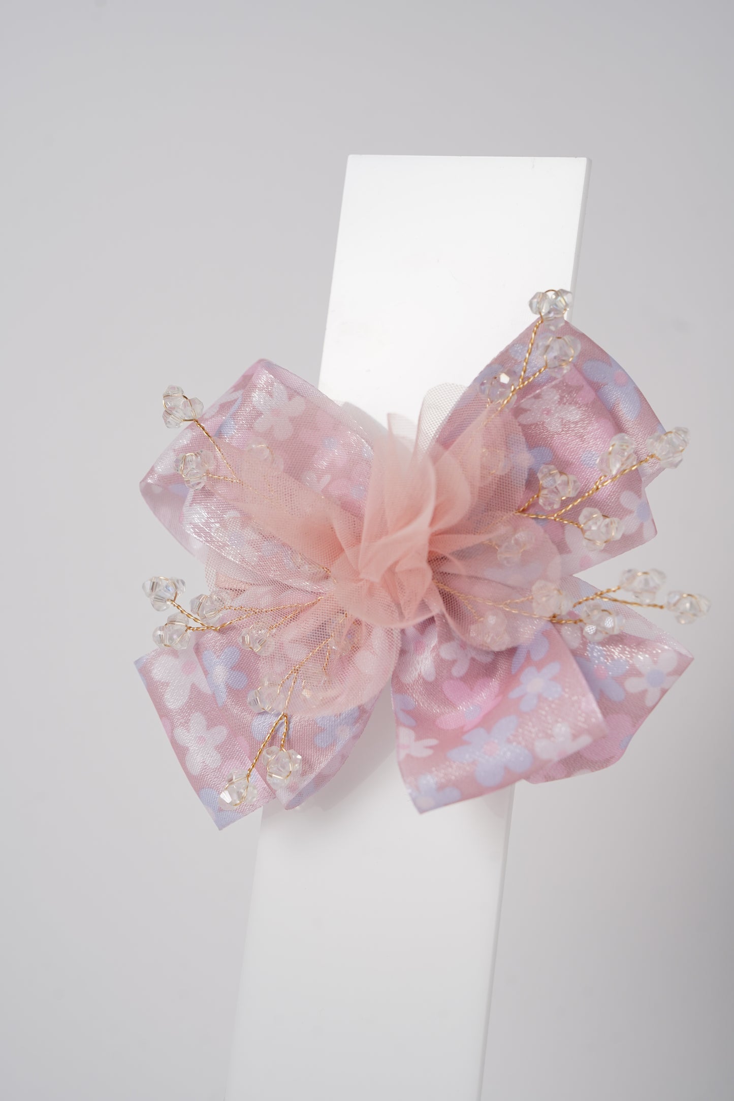 Floral Bow Hair Clip with Crystal Beads & Tulle Center Cute Party & Everyday Hair Accessory