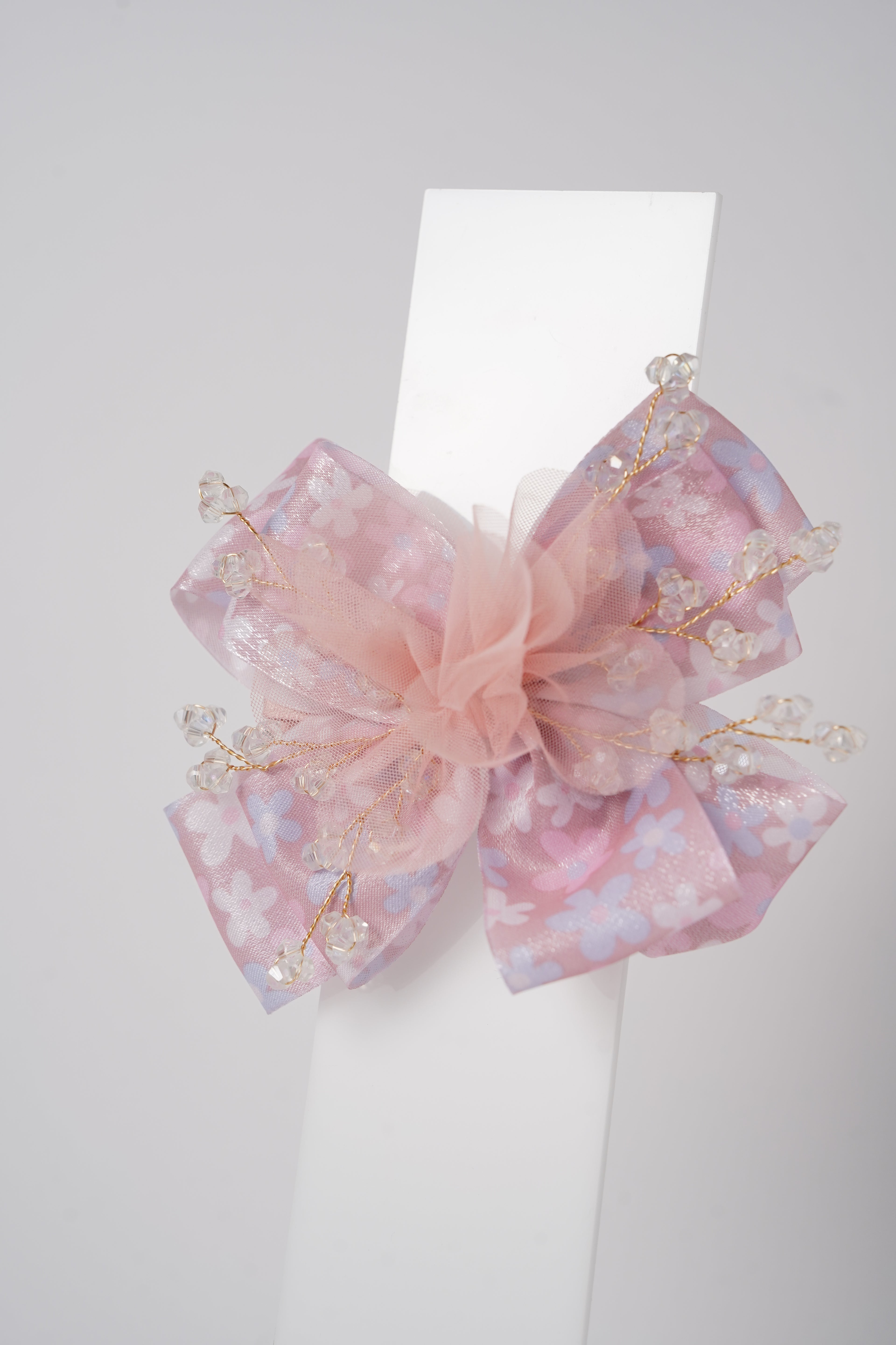 Floral Bow Hair Clip with Crystal Beads & Tulle Center Cute Party & Everyday Hair Accessory