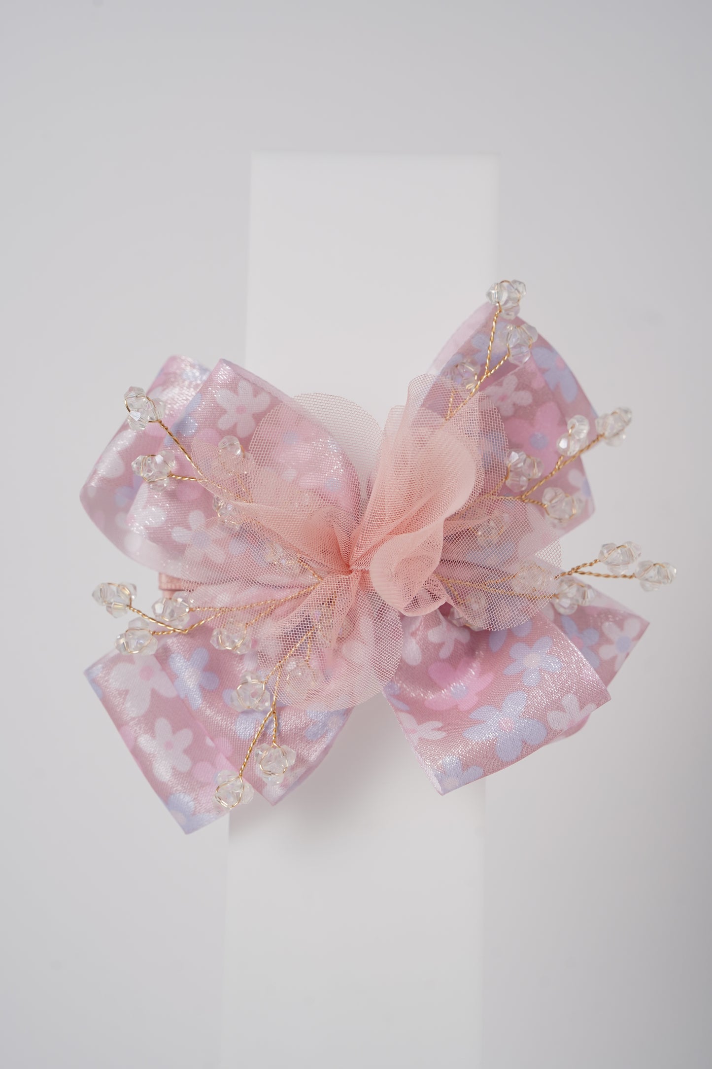 Floral Bow Hair Clip with Crystal Beads & Tulle Center Cute Party & Everyday Hair Accessory