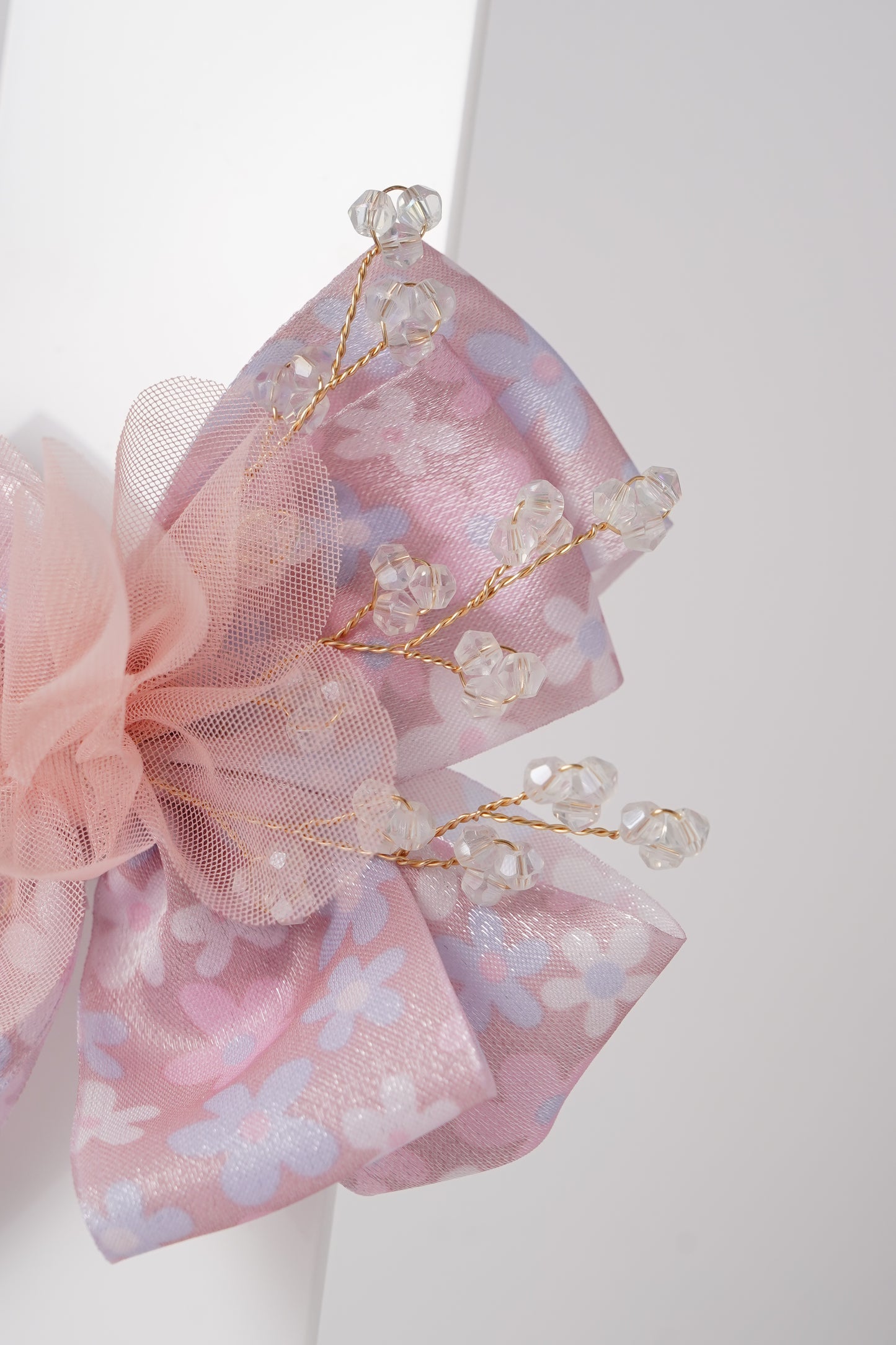 Floral Bow Hair Clip with Crystal Beads & Tulle Center Cute Party & Everyday Hair Accessory