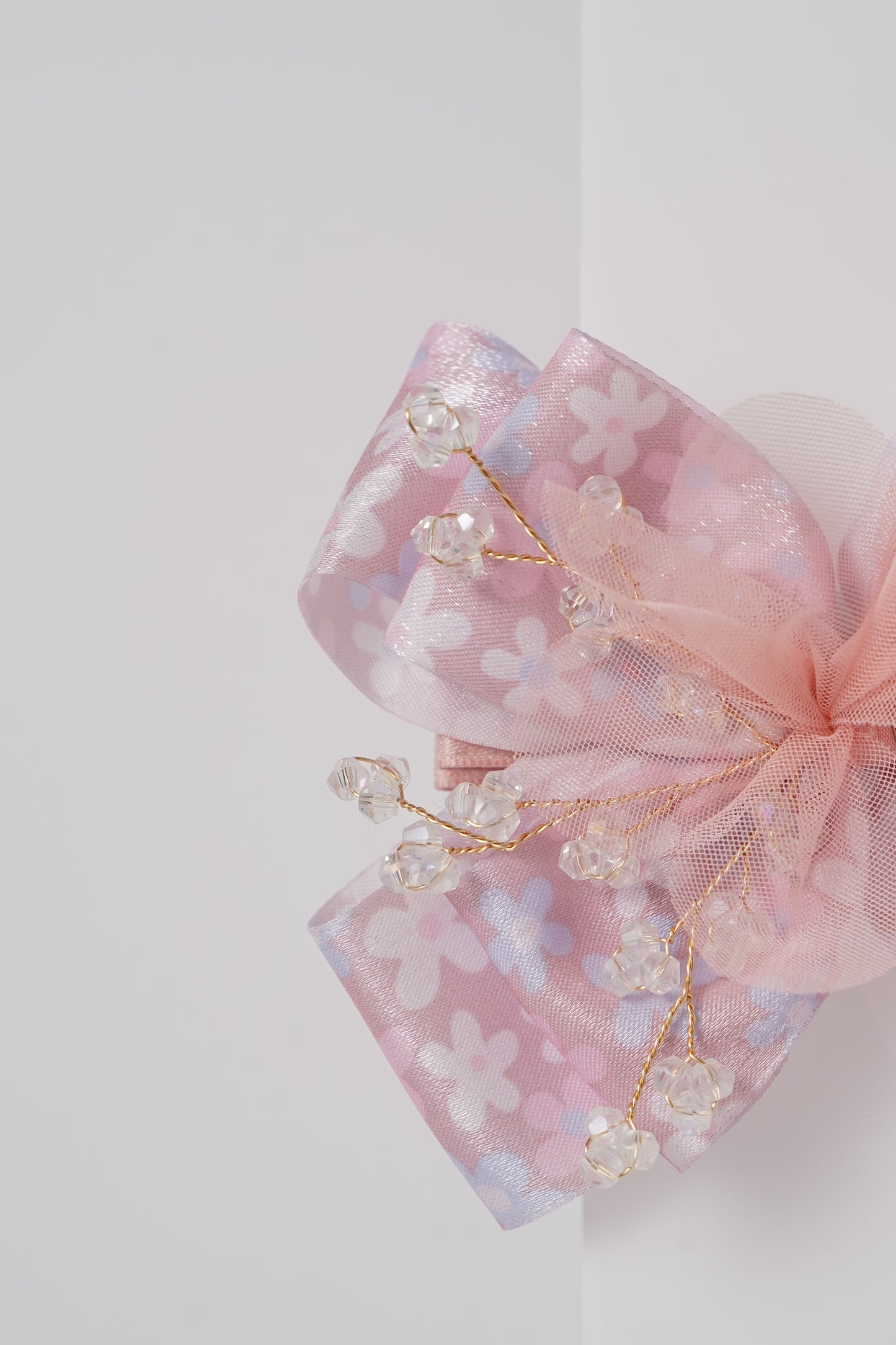 Floral Bow Hair Clip with Crystal Beads & Tulle Center Cute Party & Everyday Hair Accessory