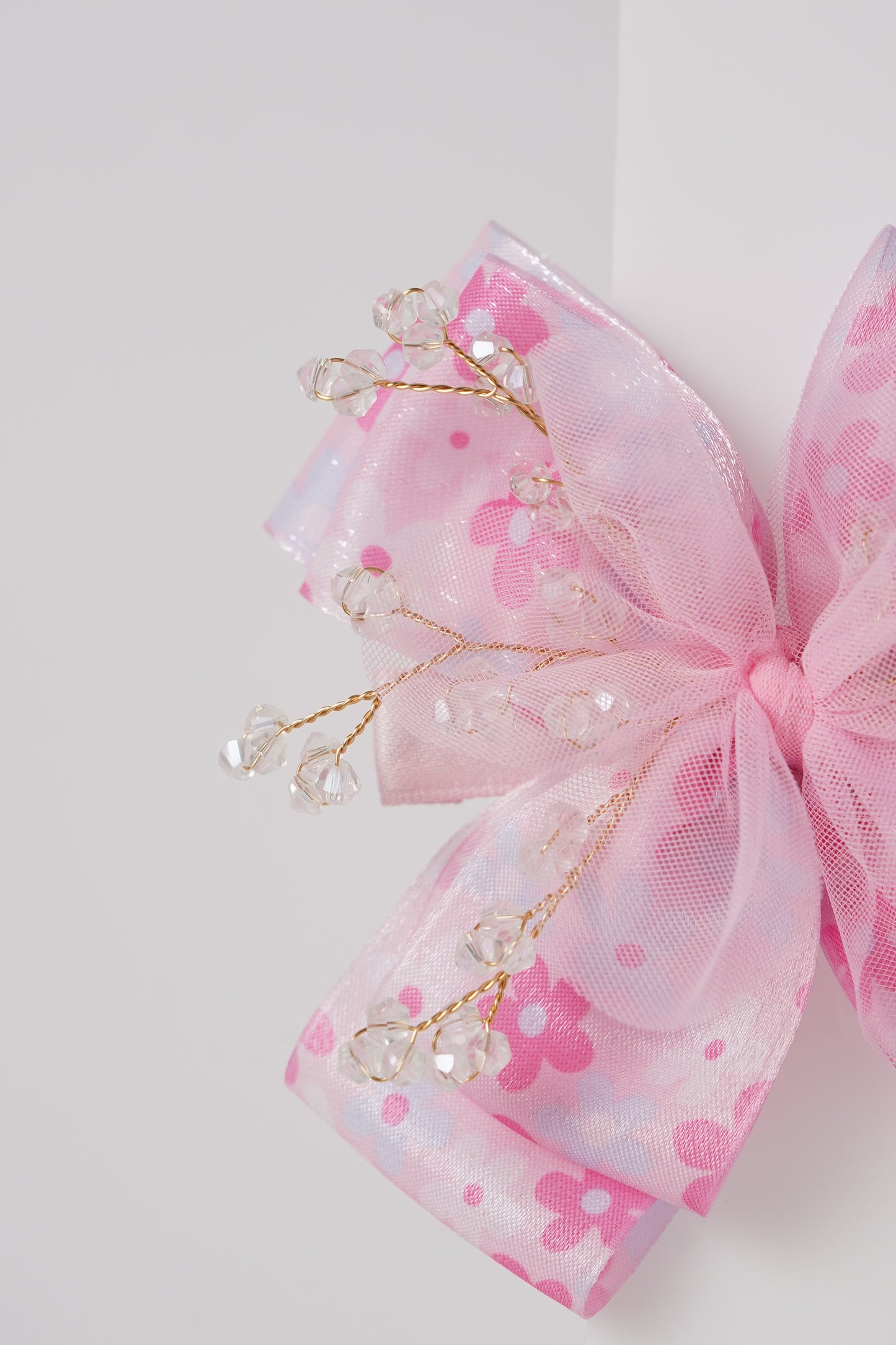 Floral Bow Hair Clip with Crystal Beads & Tulle Center Cute Party & Everyday Hair Accessory