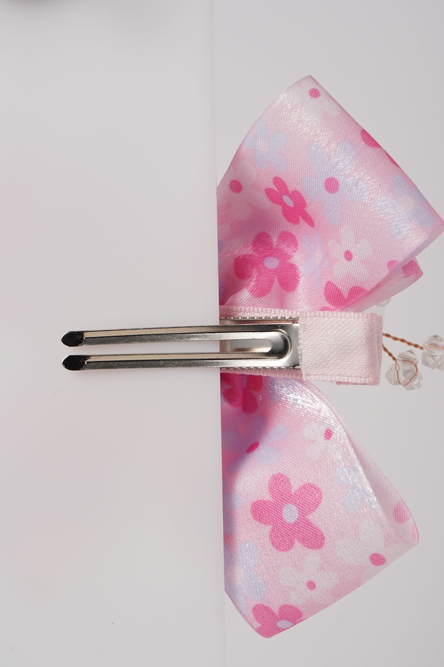 Floral Bow Hair Clip with Crystal Beads & Tulle Center Cute Party & Everyday Hair Accessory