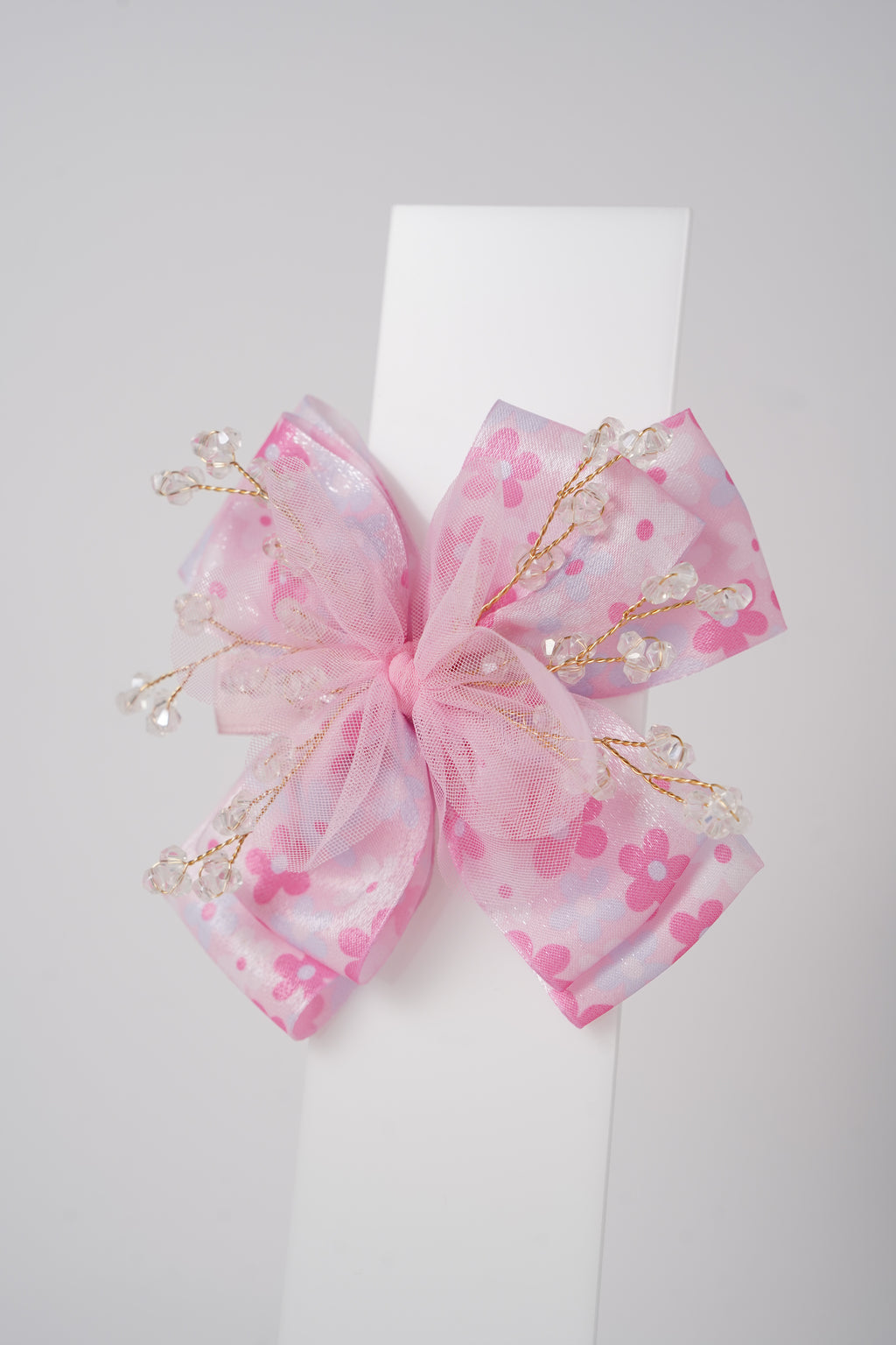 Floral Bow Hair Clip with Crystal Beads & Tulle Center Cute Party & Everyday Hair Accessory
