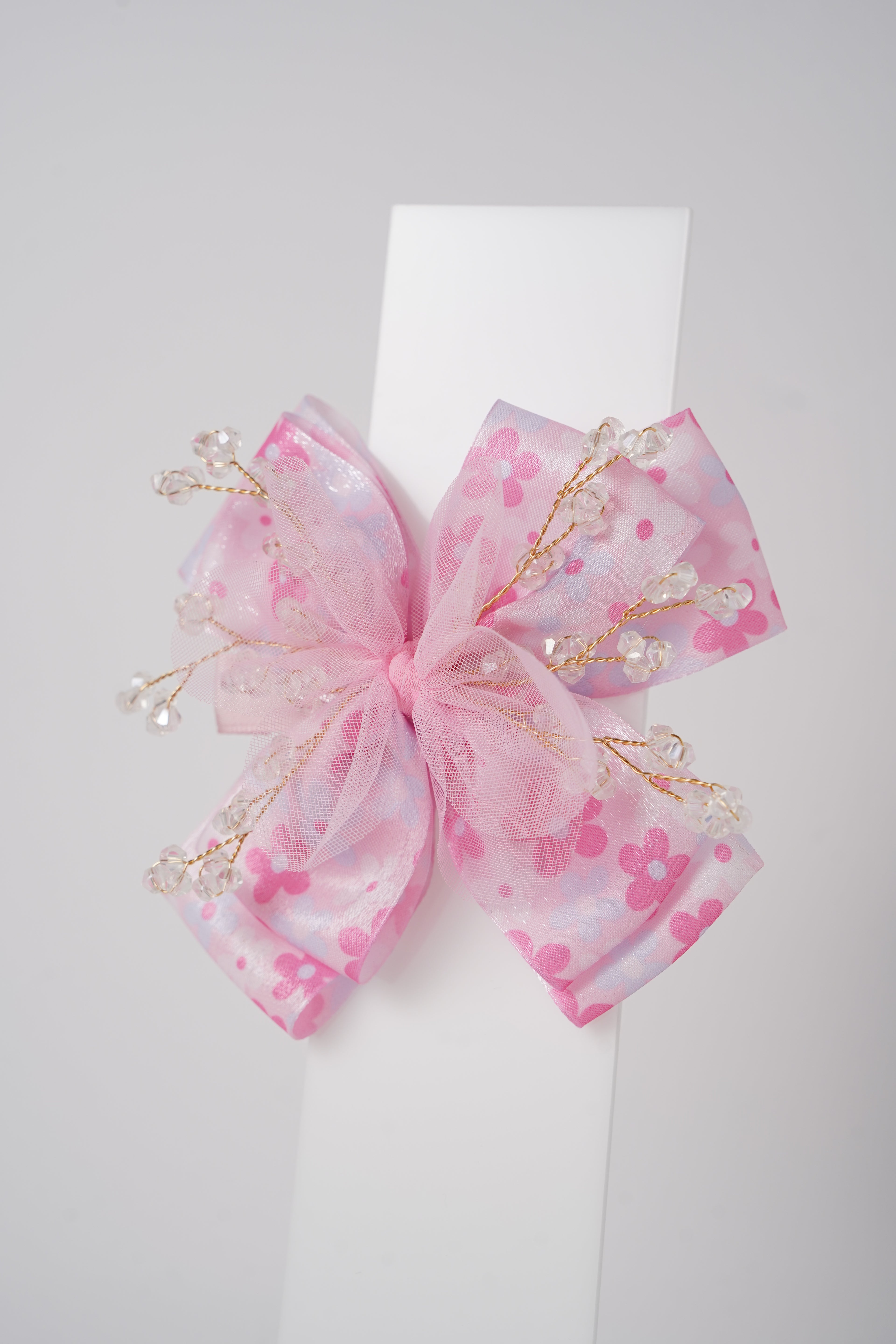 Floral Bow Hair Clip with Crystal Beads & Tulle Center Cute Party & Everyday Hair Accessory