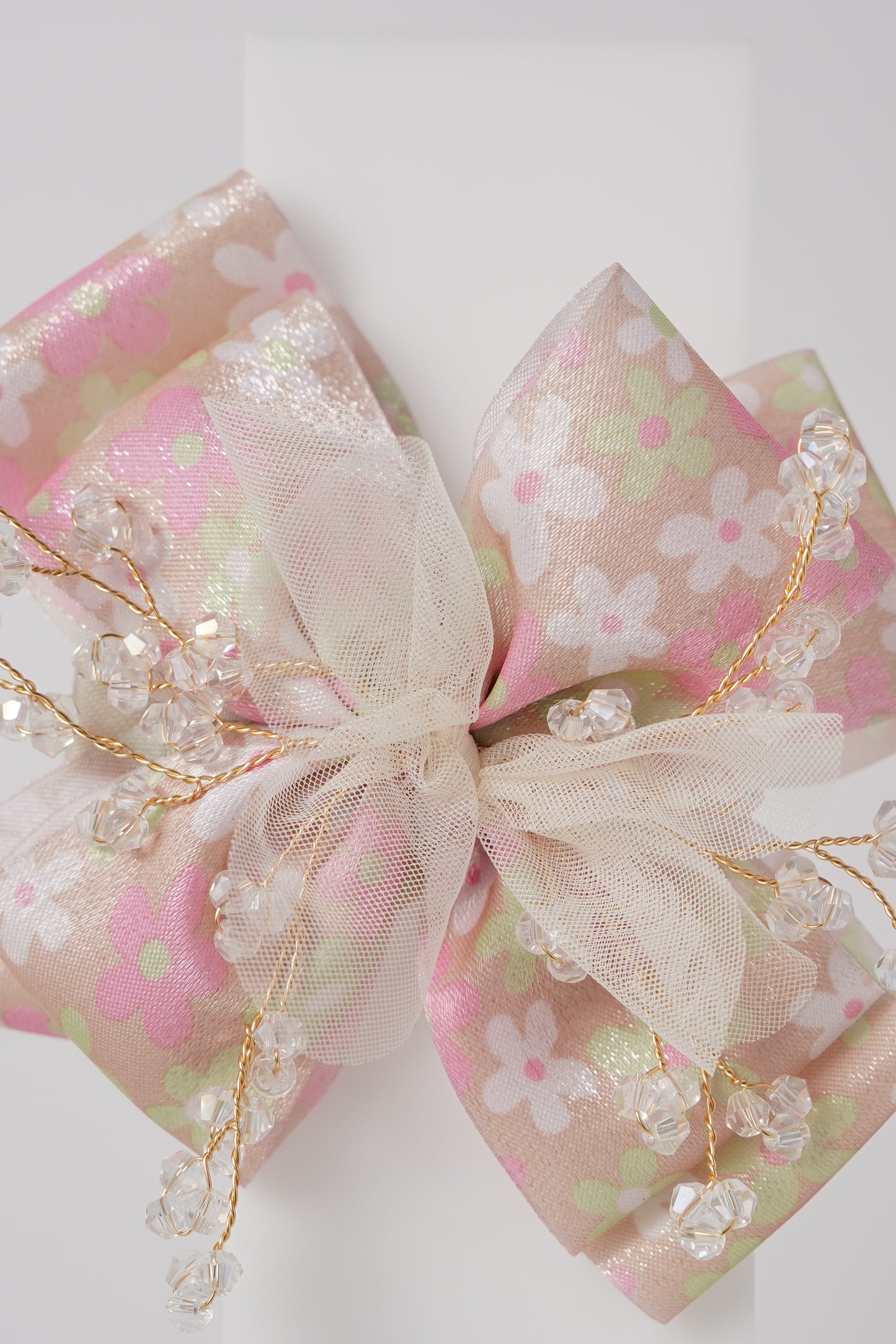 Floral Bow Hair Clip with Crystal Beads & Tulle Center Cute Party & Everyday Hair Accessory