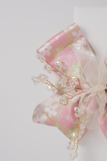 Floral Bow Hair Clip with Crystal Beads & Tulle Center Cute Party & Everyday Hair Accessory