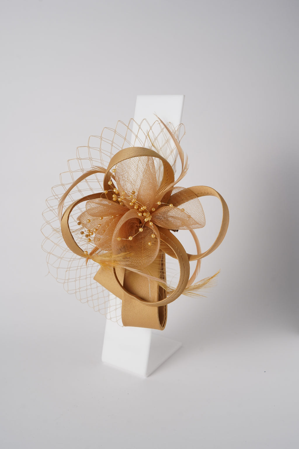 Mesh Fascinator with Satin Loops, Beads & Feathers Elegant Wedding & Party Headpiece