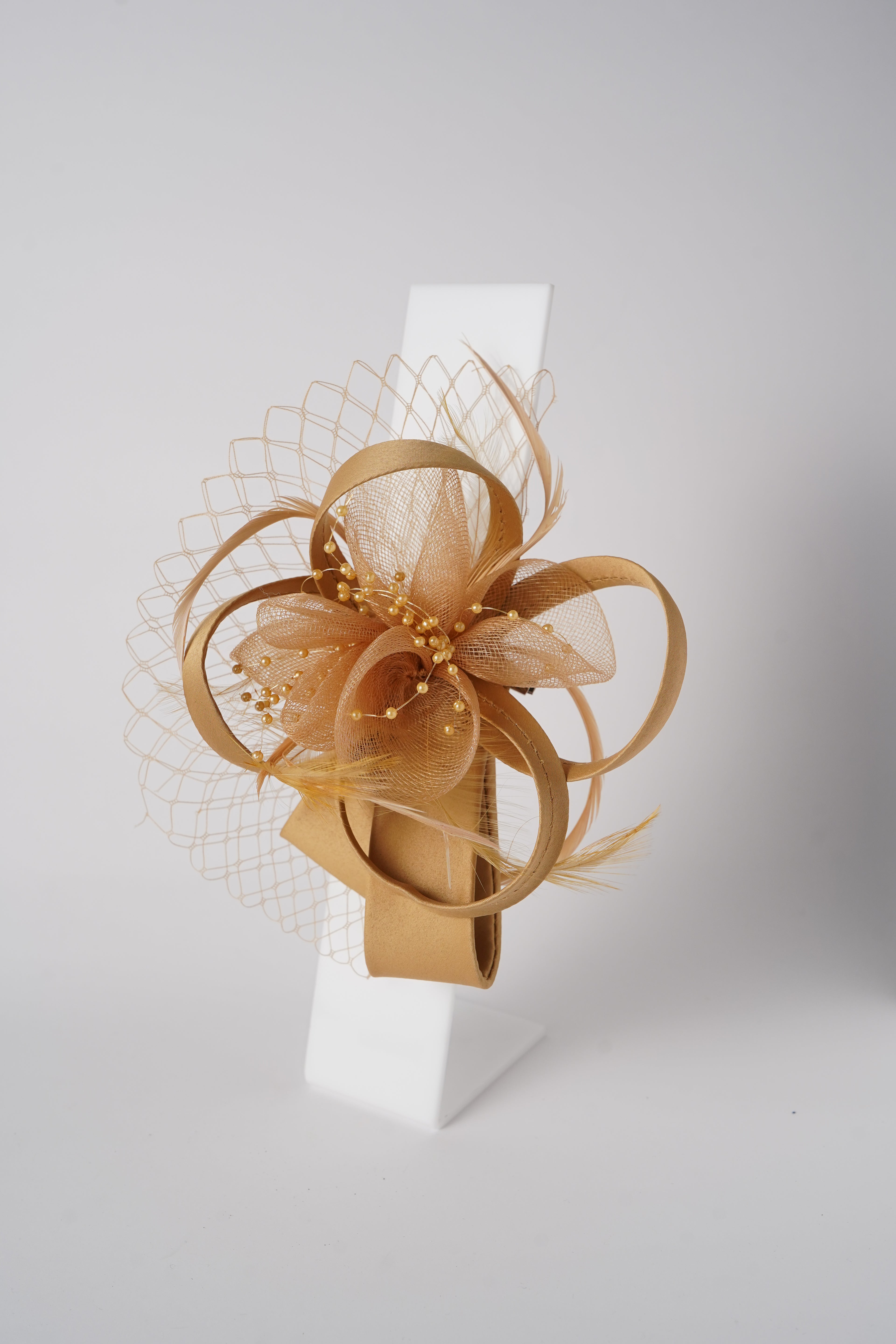 Mesh Fascinator with Satin Loops, Beads & Feathers Elegant Wedding & Party Headpiece