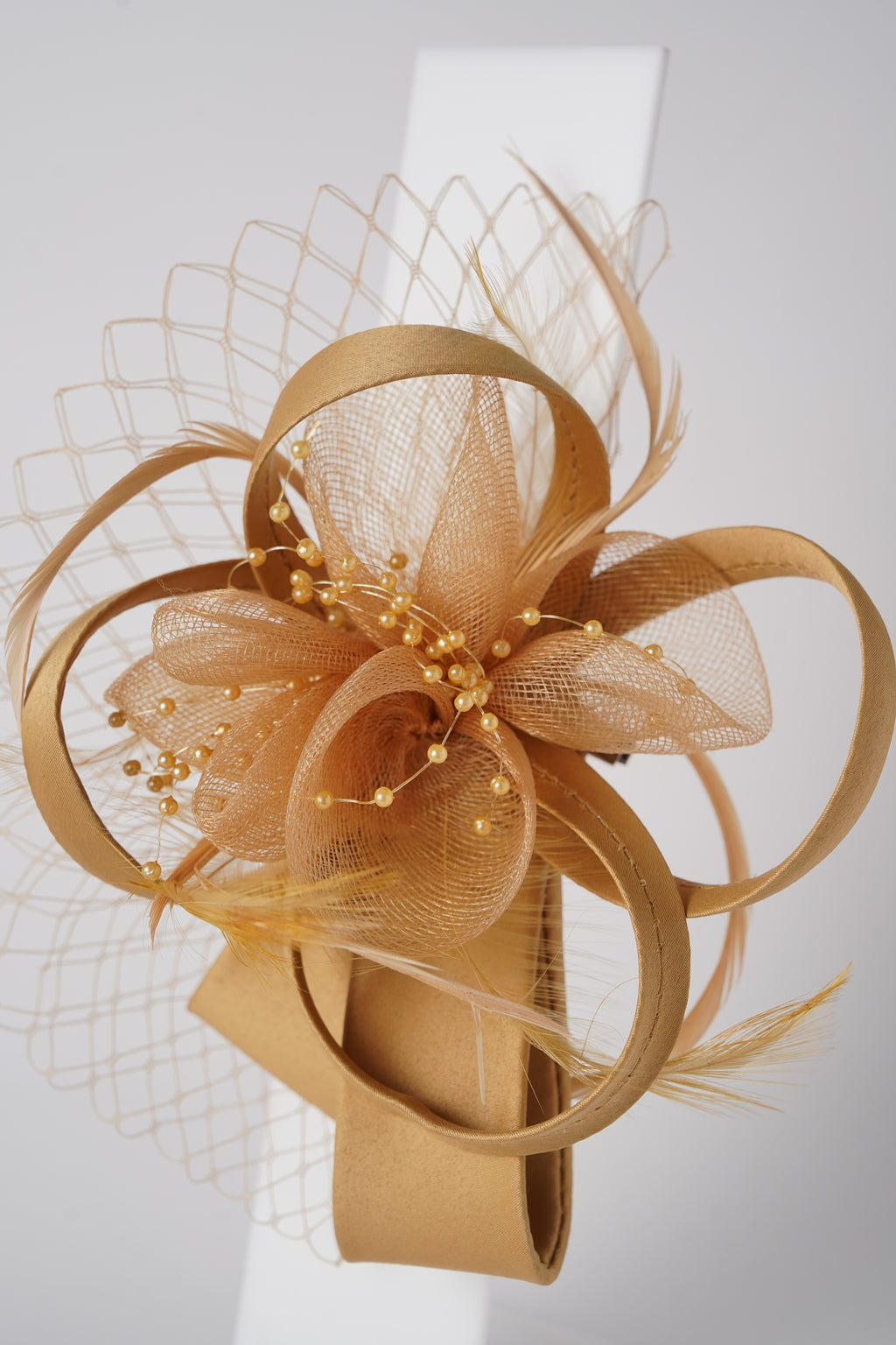 Mesh Fascinator with Satin Loops, Beads & Feathers Elegant Wedding & Party Headpiece